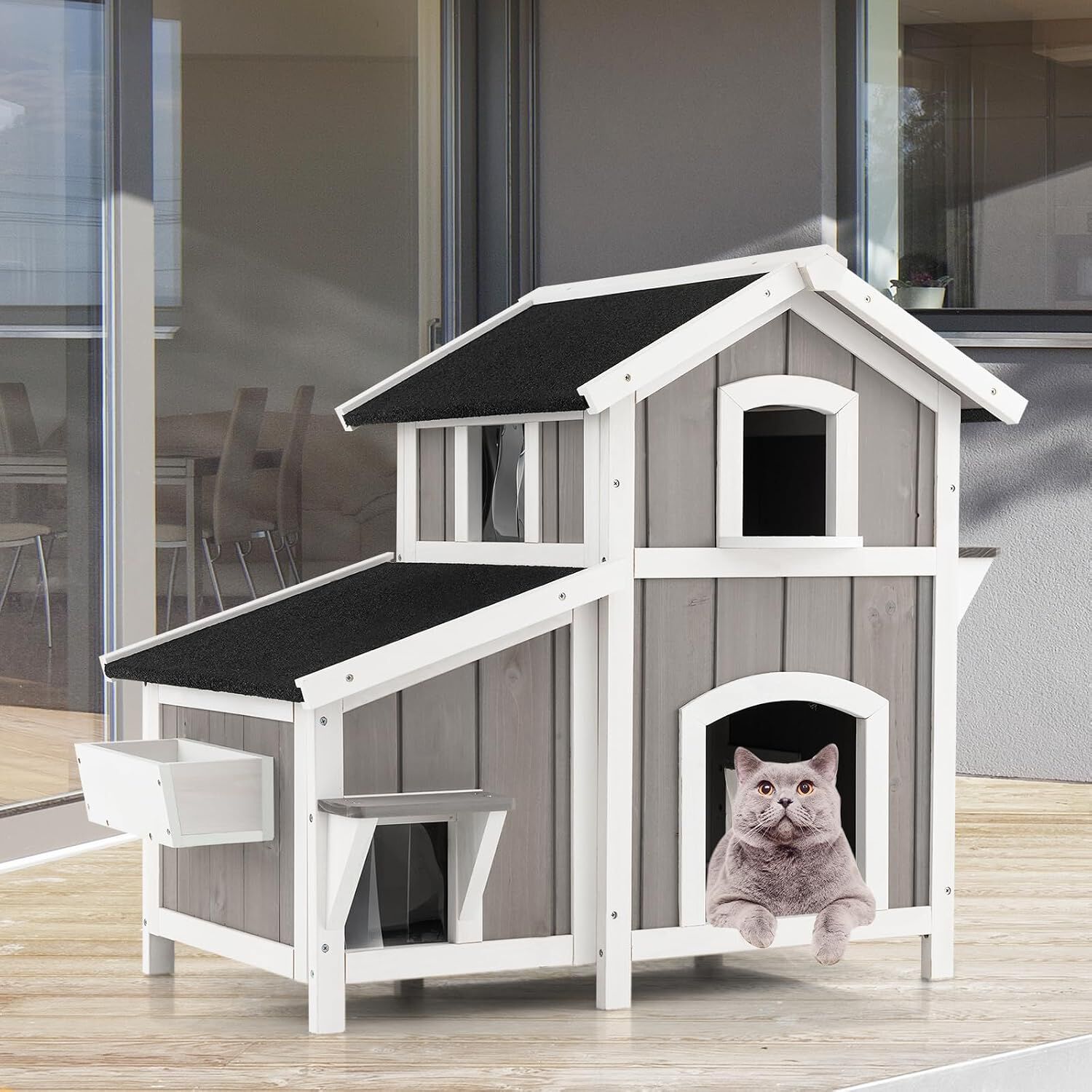 COSTWAY Casa para Gatos de Madera, Caseta para Gatos de 2 Pisos para Exteriores con Puertas de Escape, Techo Asf&aacute;ltico Impermeable, Refugio para Gatitos de Interior y Exterior para Balc&oacute;n y Patio, , large Imagen numero 2