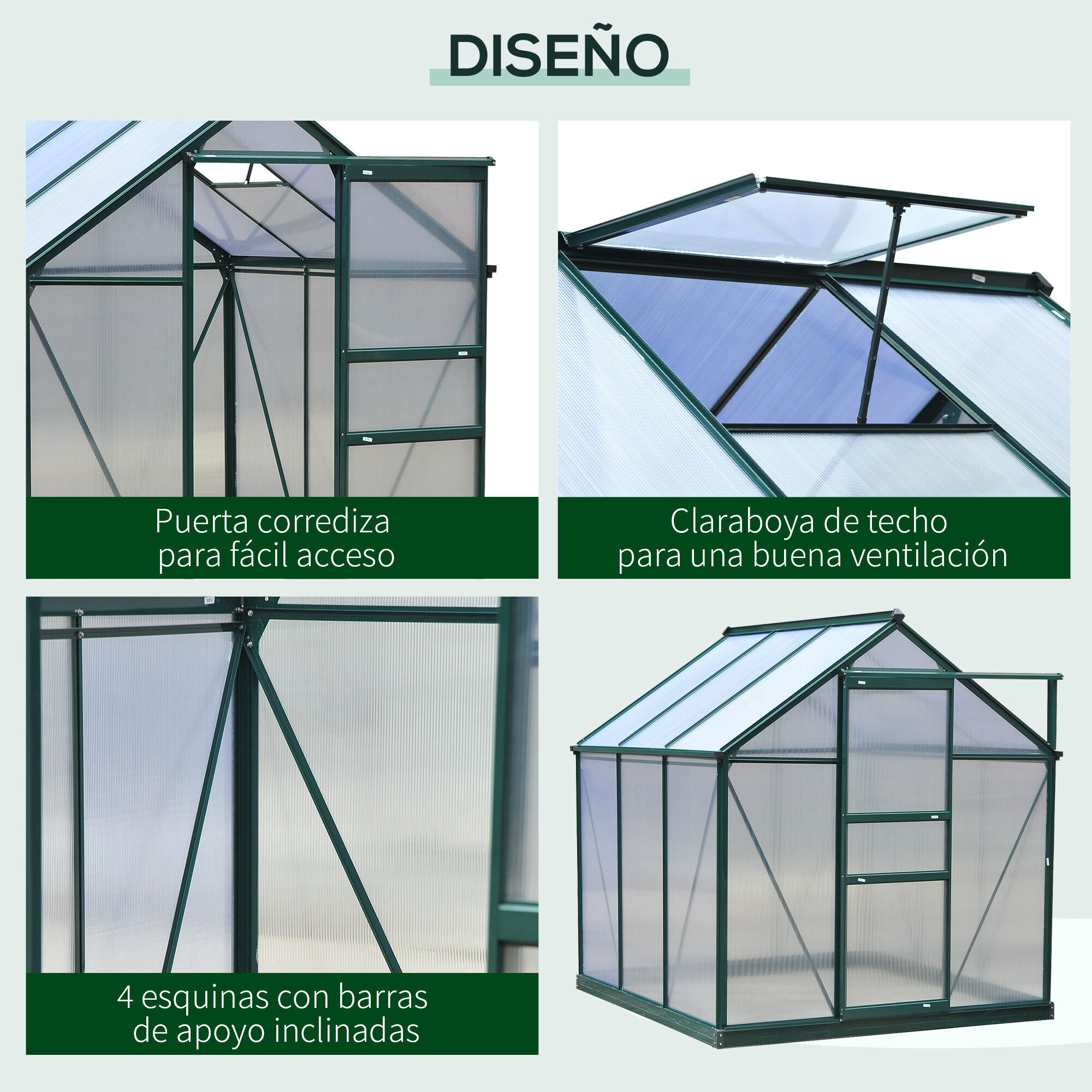 Outsunny Invernadero de Jard&iacute;n 2x2 m Policarbonato y Aluminio Vivero Casero con Tragaluz Protecci&oacute;n UV30 y Base 3,65 m&sup2; para Macetas Cultivo Plantas Flores Transparente, , large Imagen numero 4