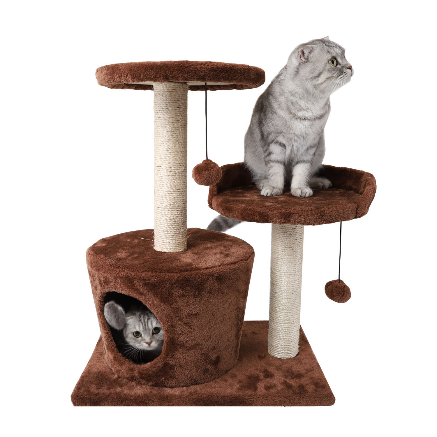 Nobleza - &Aacute;rbol rascador para gatos de dos plataformas con cueva y juguetes colgantes. Color marr&oacute;n, 60 cms., , large Imagen numero 1