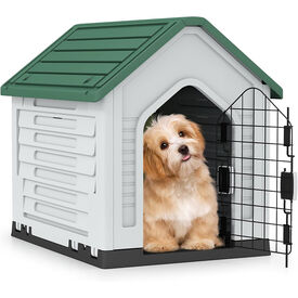 COSTWAY Caseta de Pl&aacute;stico para Perros, Refugio para Mascotas Impermeable con Puerta Met&aacute;lica con Cerradura, Techo Inclinado y Rejillas de Ventilaci&oacute;n, Caseta Perro para Interior y Exterior (Verde)