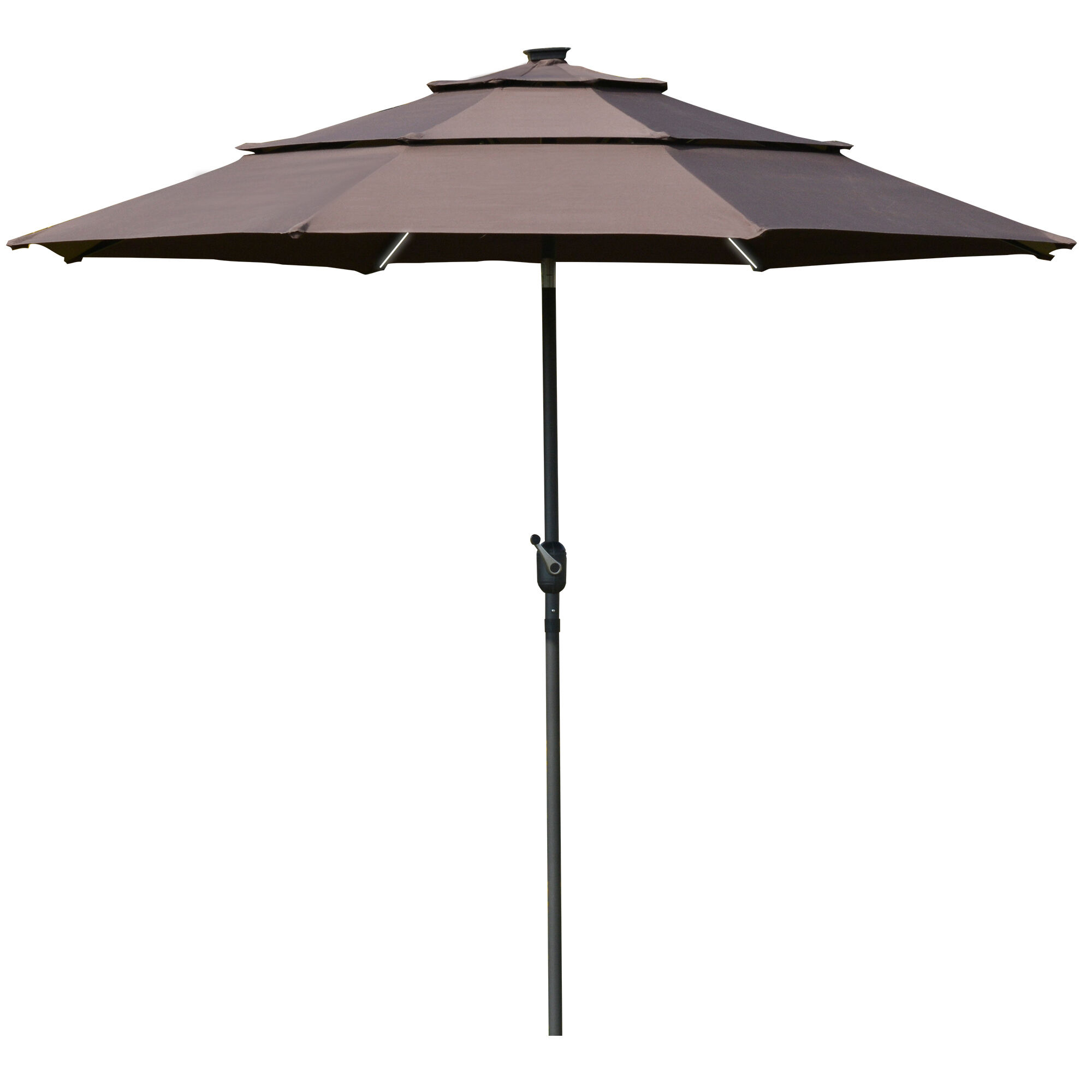 Outsunny Sombrilla de Jard&iacute;n &Oslash;300x250cm con Luces LED y Panel Solar Manivela &Aacute;ngulo Ajustable en 3 Posiciones Parasol para Patio Terraza Piscina Caf&eacute;, , large Imagen numero 1
