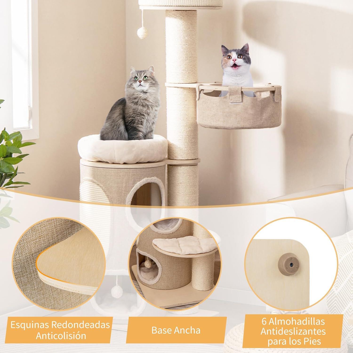 COSTWAY &Aacute;rbol para Gatos de 154 cm, Rascador para Gatos con Condominio de 2 Pisos, Percha Superior, Postes Rascadores de Sisal, Alfombra de Sisal, Hamaca, Pelotas Colgantes, Cama Extra&iacute;ble, , large Imagen numero 2