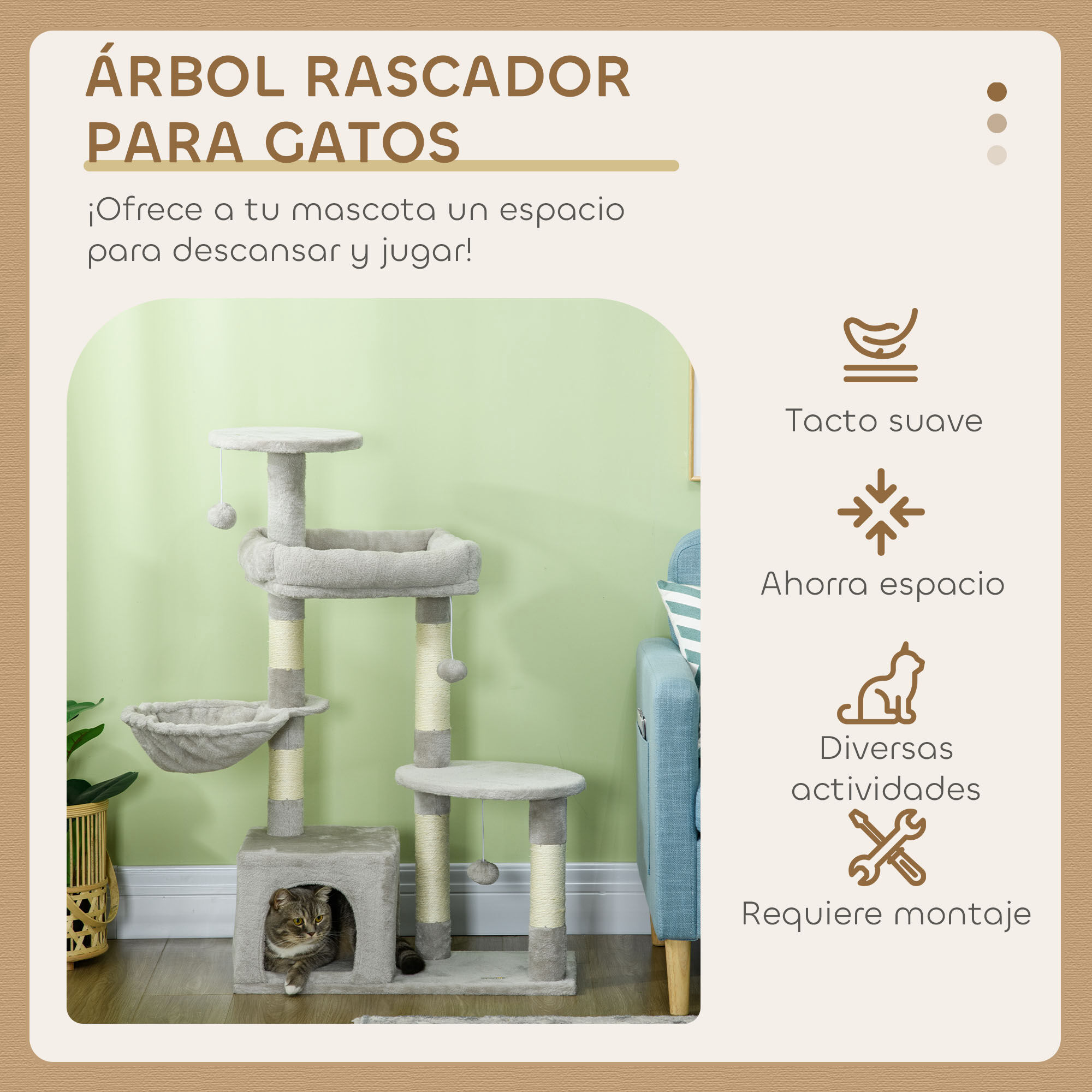 PawHut Rascador para Gatos Altura 104 cm Árbol para Gatos Torre de Escalada con Postes Rascadores de Sisal Cueva Plataformas y Bolas Colgantes Gris Claro thumbnail