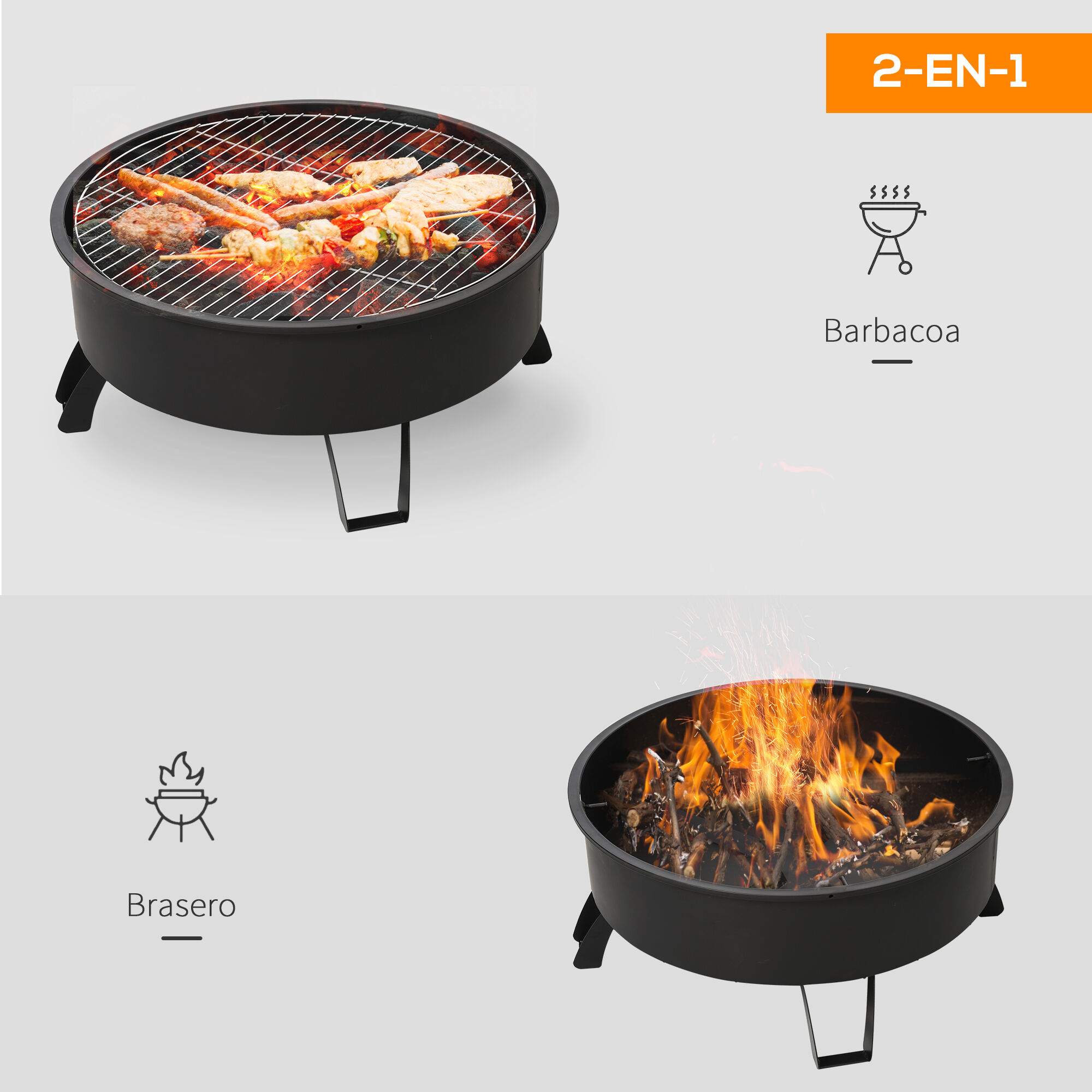 Outsunny Brasero Exterior &Oslash;76x49,5 cm 2 EN 1 Profundidad del Cuenco 18 cm con Rejilla de Cocina Parrilla para Barbacoa Calefacci&oacute;n Tapa de Malla Atizador de Fuego para Patio Jard&iacute;n Negro, , large Imagen numero 4