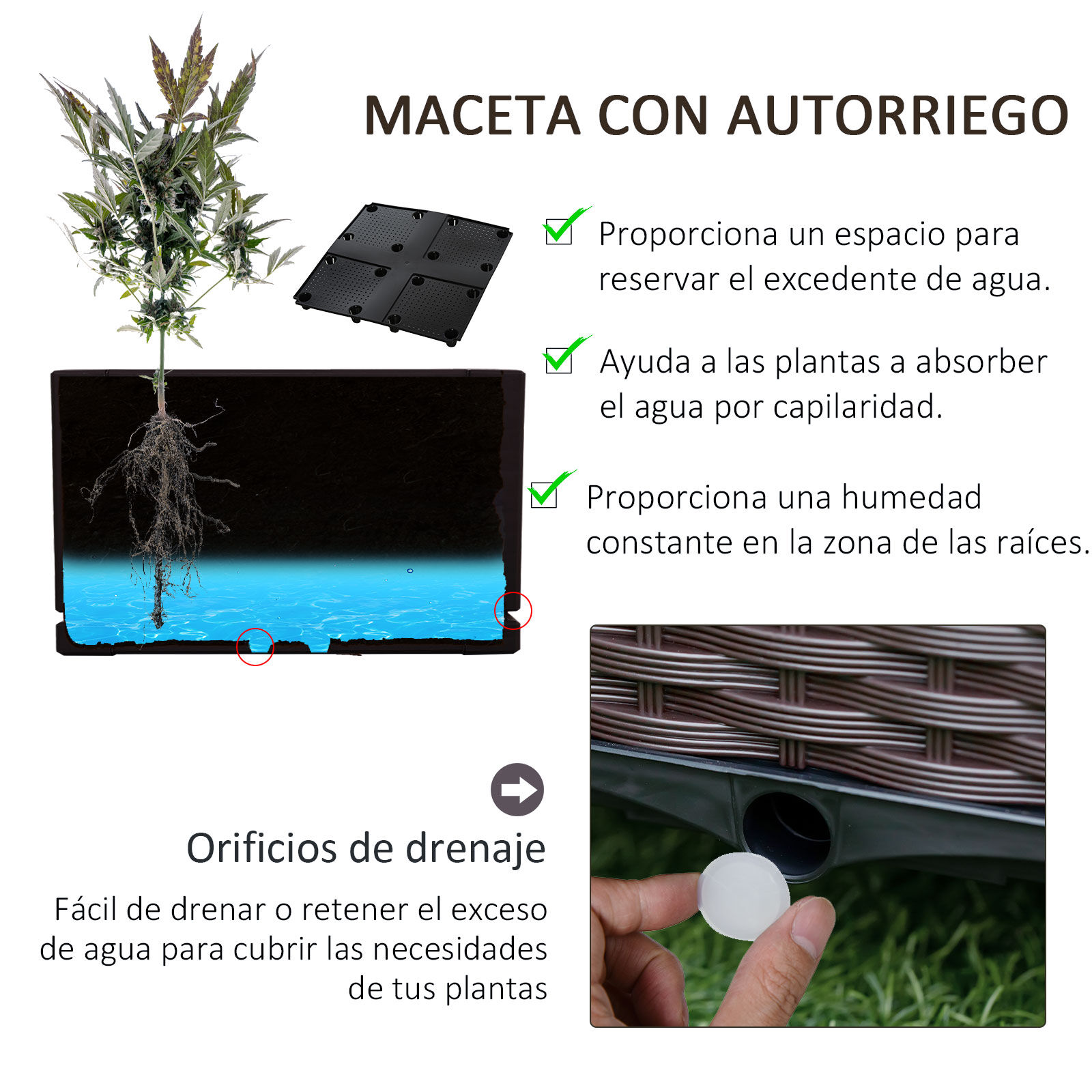 Outsunny Jardinera de Pl&aacute;stico Curdrada con 4 Ruedas Macetero de Jard&iacute;n con Agujeros de Drenaje para Cultivo de Plantas en Exterior Patio Terraza 40x40x31,5 cm Marr&oacute;n, , large Imagen numero 5
