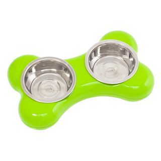 Comedero bebedero con soporte en forma de hueso para perros color Verde