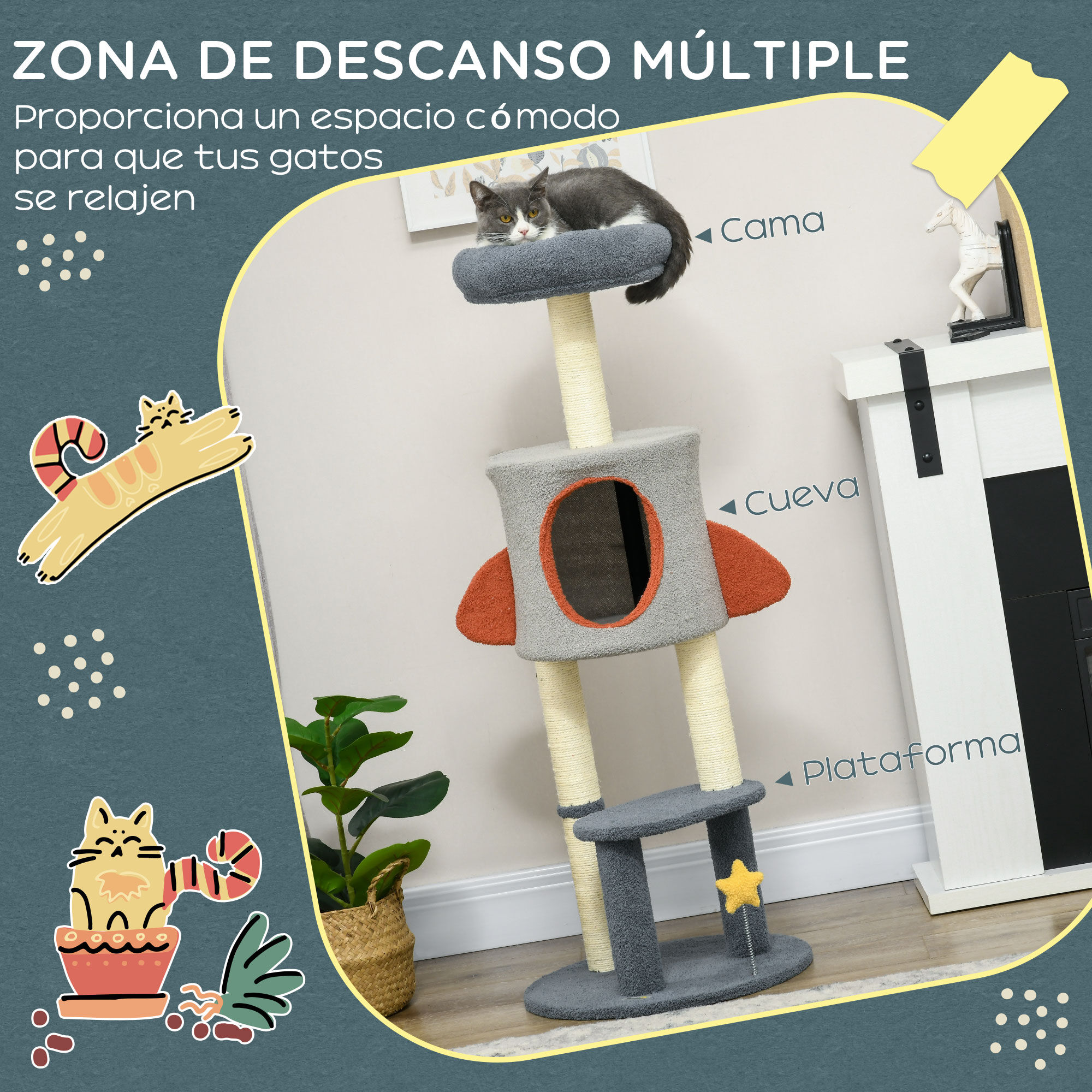 PawHut &Aacute;rbol Rascador para Gatos de 116 cm Tipo de Cohete Torre para Gatos Interior con Postes para Rascar Cama Cueva y Juguete Estrella &Oslash;44x116 cm Azul, , large Imagen numero 5