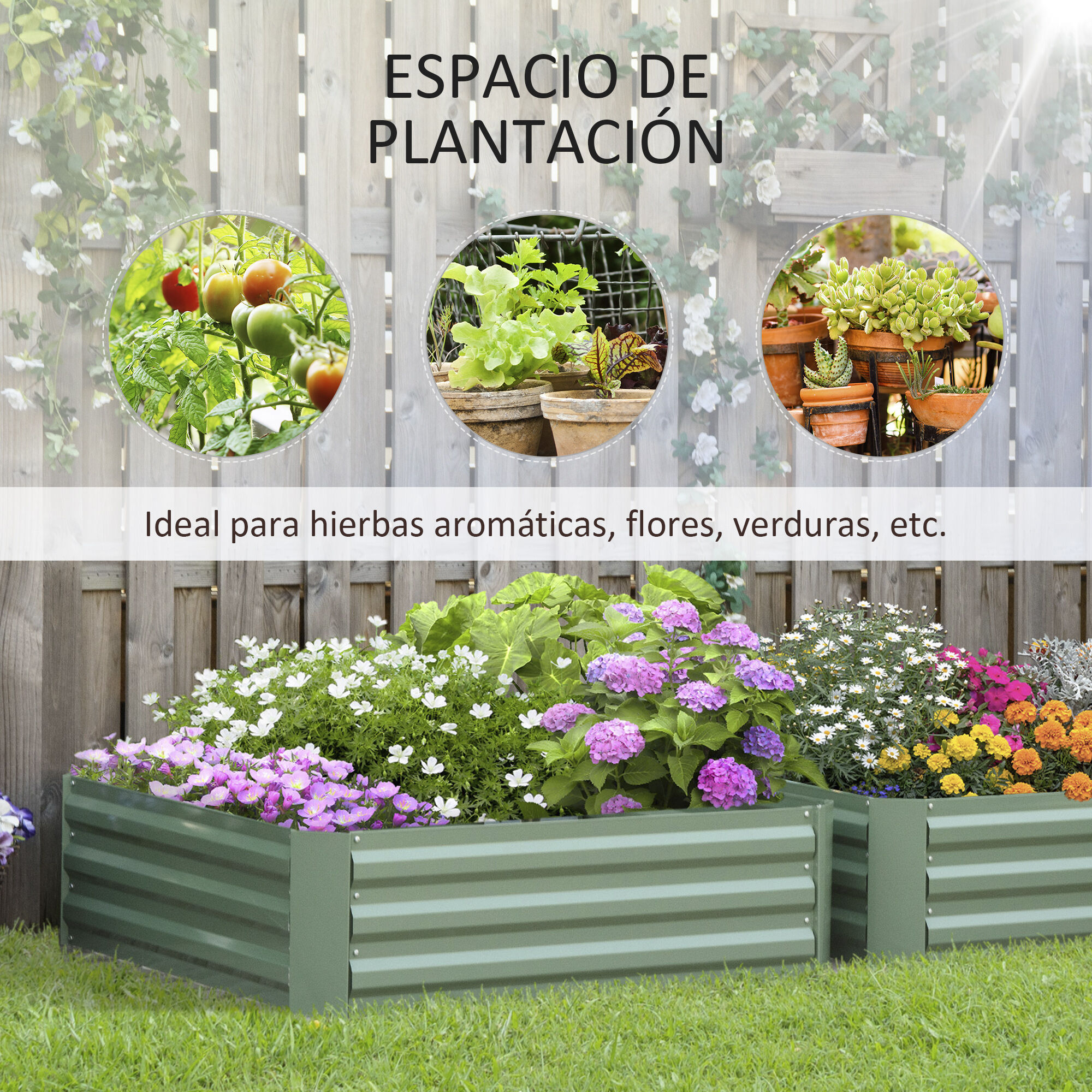 Outsunny Set de 2 Arriates de Jard&iacute;n de Acero Huerto Urbano Jardinera Macetero Cuadrado para Cultivos Plantas Flores Patio Exterior 100x100x30 cm Verde, , large Imagen numero 4