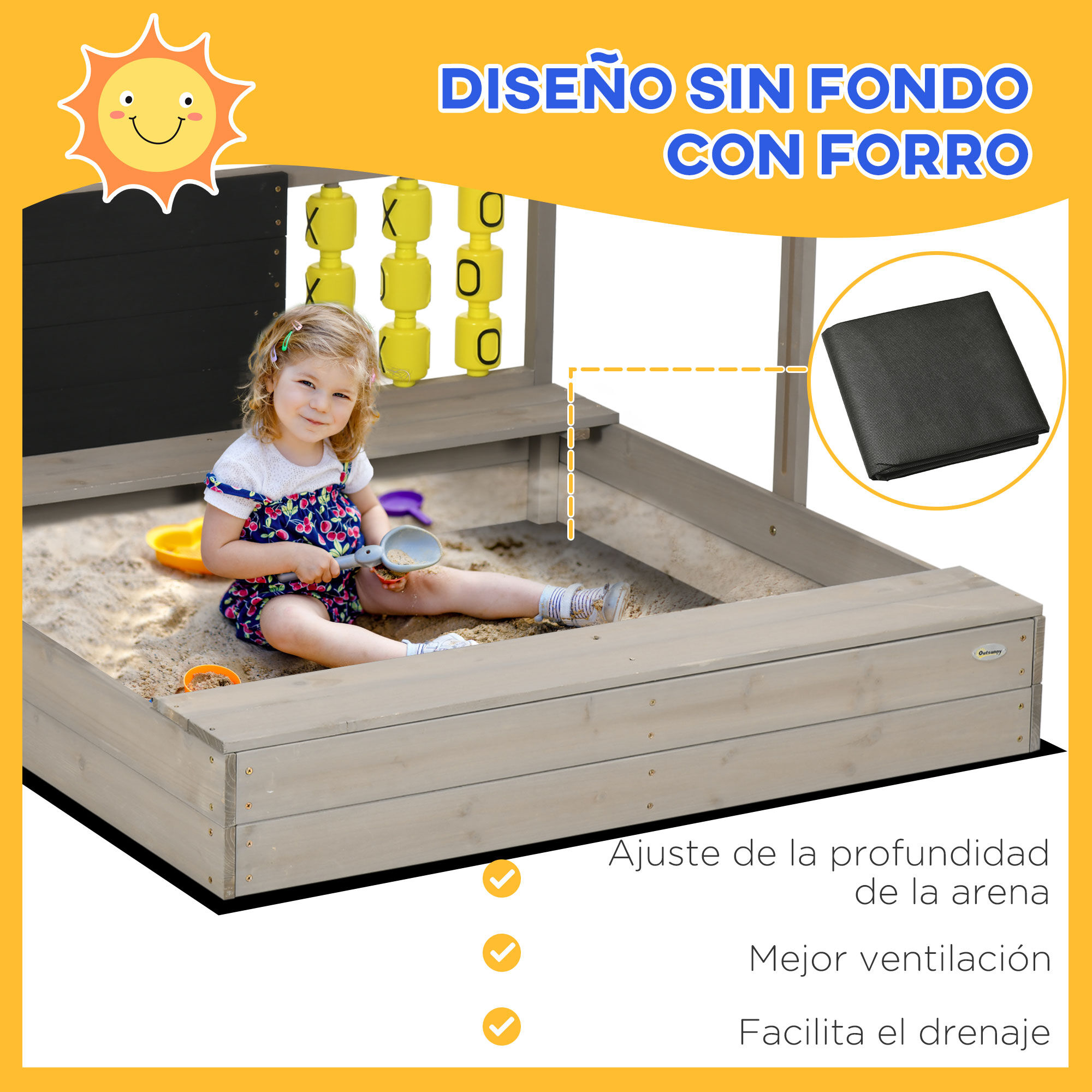 Outsunny Arenero de Madera para Ni&ntilde;os de 3-7 A&ntilde;os Arenero Infantil con Techo Ajustable de Tela no Tejida Banco de 2 Asientos Pizarra y Juguetes para Patio Jard&iacute;n 114x113x110 cm Gris, , large Imagen numero 4