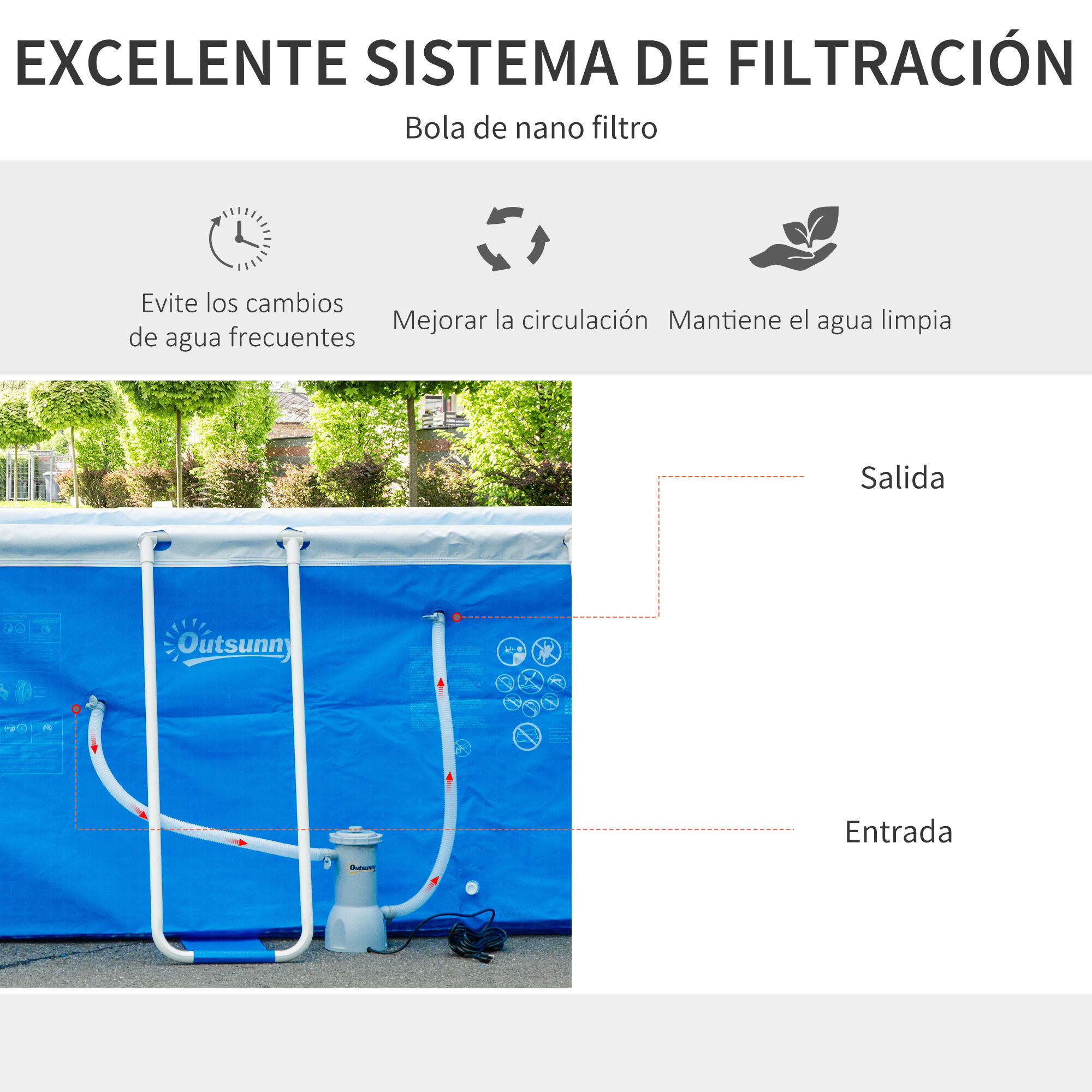 Outsunny Piscina Desmontable 440x240x122 cm Piscina Rectangular de Exterior con Depuradora de Cartucho 4,000 L/H y Marco de Acero 9760 L Azul, , large Imagen numero 4