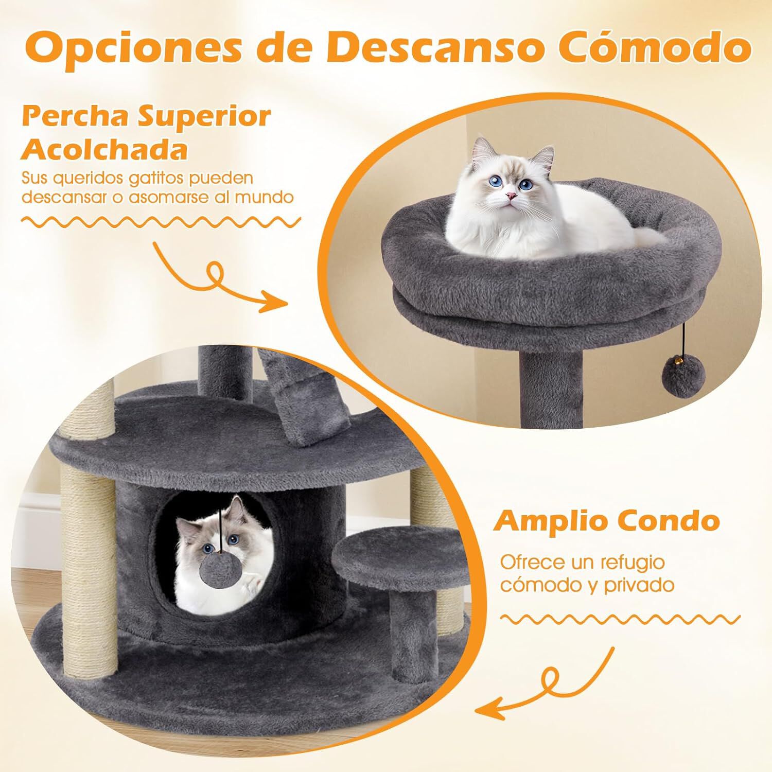 COSTWAY Árbol para Gatos, Torre para Gatos con Condominio y Percha Acolchada, Postes de Sisal para Rascar, Bola Colgante con Campana, Plataformas de Salto, Escalera, Base Ancha Estable (Gris) thumbnail