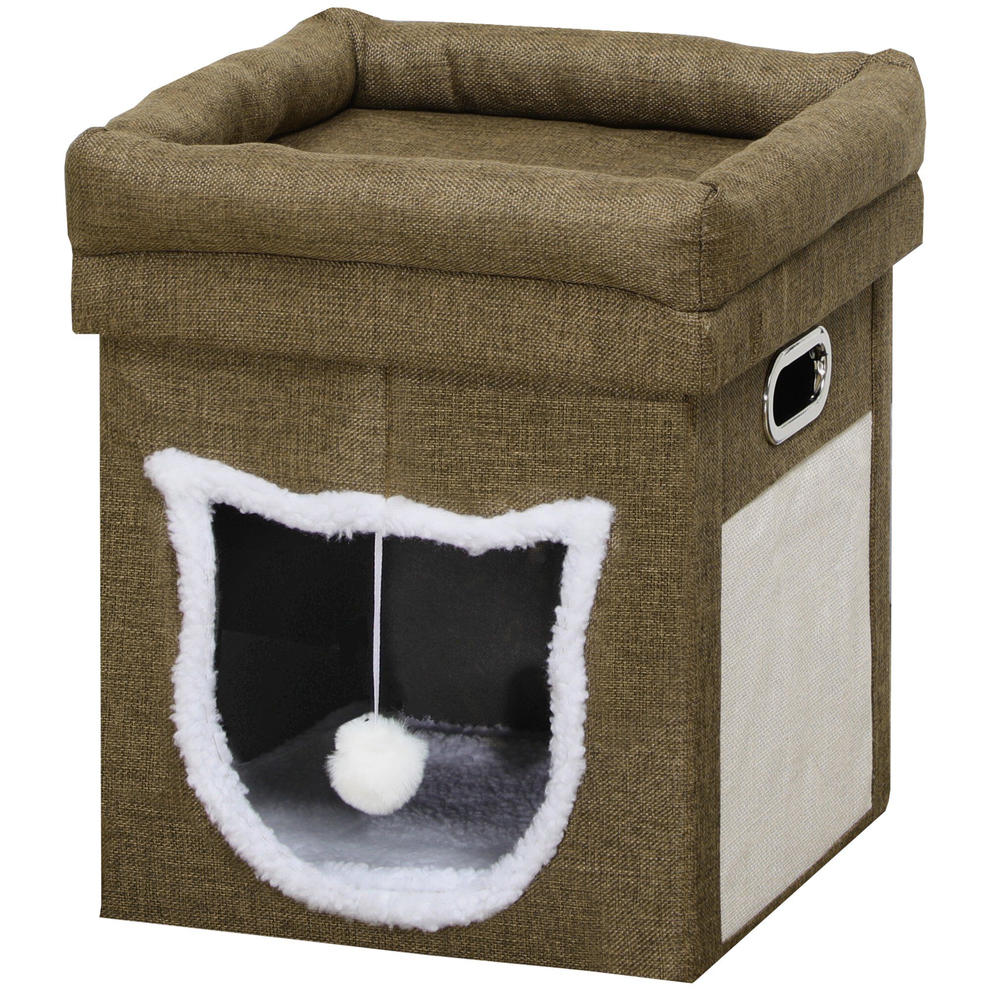 Pawhut Cama Cueva para Gatos Caseta para Gatos con Cama Superior Tablero de Rascador Coj&iacute;n Suave Bola Colgante y Marco de Madera 39x39x42 cm Marr&oacute;n., , large Imagen numero 1