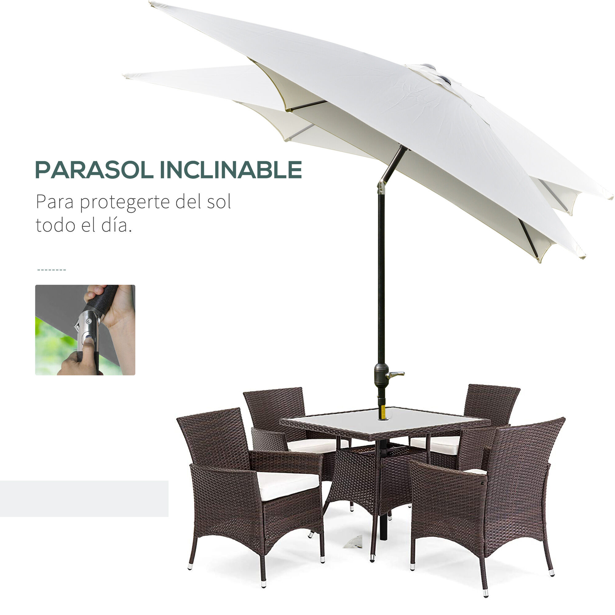 Outsunny Sombrilla de Aluminio 200x300x240 cm Parasol Rectangular de Jard&iacute;n Inclinable con Manivela y Poste Desmontable para Terraza Piscina Patio Exterior Crema, , large Imagen numero 4