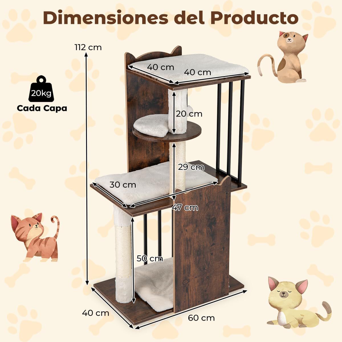 COSTWAY &Aacute;rbol Rascador para Gato de Madera de 112 cm, Torre Rascador para Gatos con Postes Rascadores de Sisal, Bolas Colgantes, Cojines de Felpa Extra&iacute;bles y Lavables, Mueble para Gato de 3 Niveles, , large Imagen numero 5