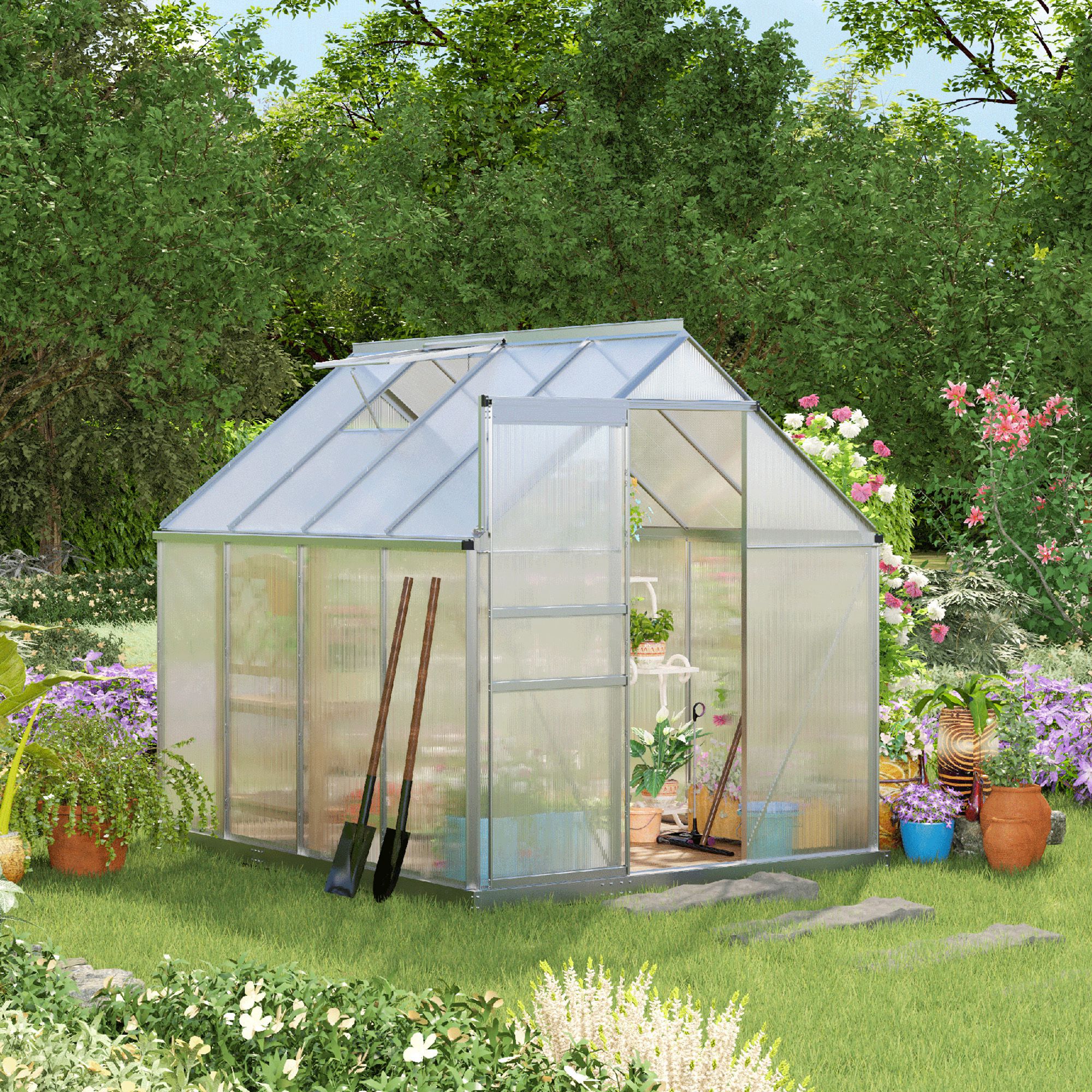 Outsunny Invernadero Policarbonato Aluminio de Jard&iacute;n 190x253x199 cm 4,8m&sup2; Caseta de Exterior con Base Puerta Corredera y Tragaluce para Cultivo Plantas Semillas Transparente, , large Imagen numero 2