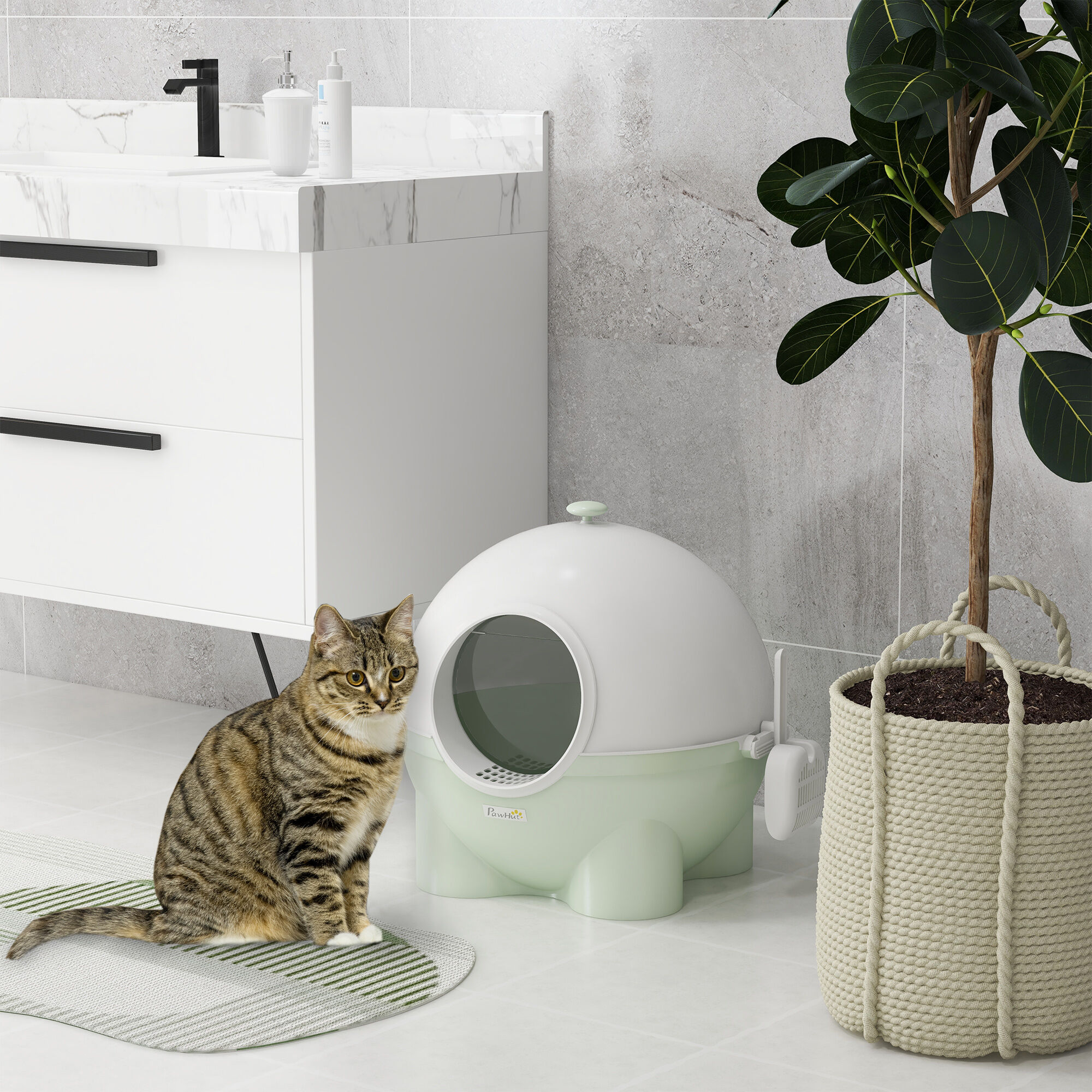 PawHut Arenero para Gatos con Cubierta Desmontable Caja de Arena para Gatos de Pl&aacute;stico con Pala Carga 4 kg 53x51x48 cm Verde, , large Imagen numero 2