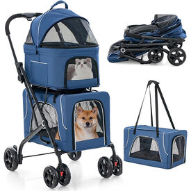 COSTWAY Cochecito para Perros Plegable, 3 en 1 Carrito para 2 Perros o Gatos, con 2 Transportines Desmontables, Cinturón de Seguridad, Cojines Desmontables, Carrito de Viaje para Mascotas (Azul)