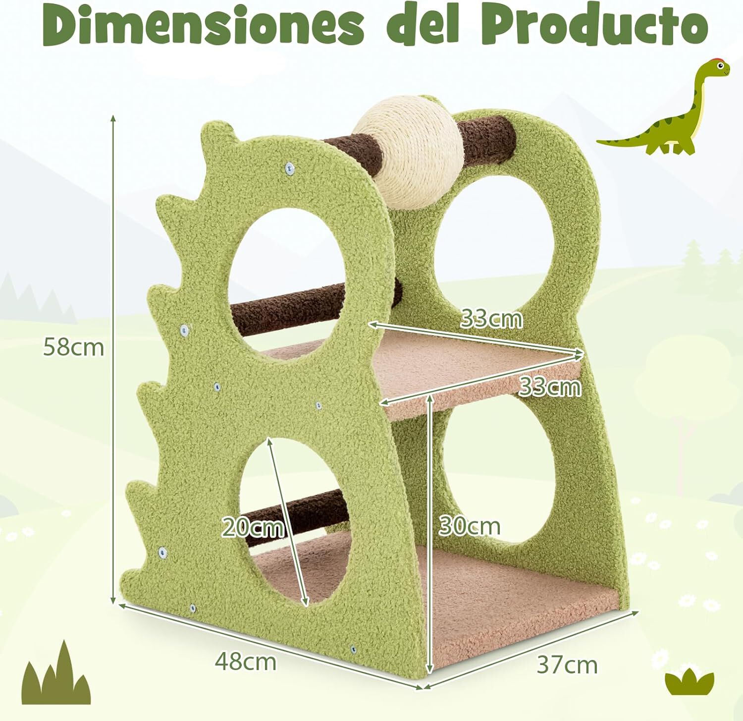 COSTWAY Árbol para Gatos de 2 Niveles, Torre para Gatos en Forma de Dinosaurio, con Bola Rascadora de Sisal y Felpa de Peluche, 4 Agujeros para Explorar, Centro de Actividades para Gatitos thumbnail