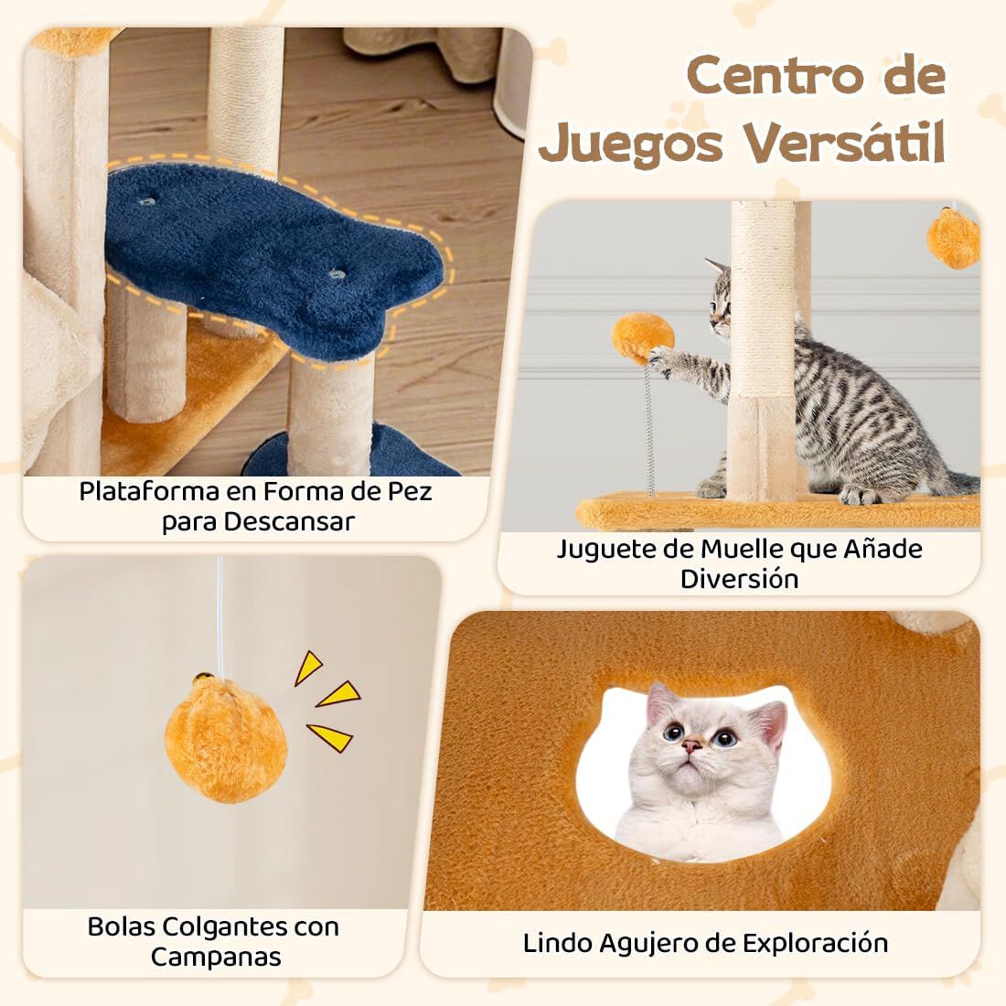 COSTWAY &Aacute;rbol Rascador para Gatos de 159cm, Torre Rascador Grande para Gatitos con 2 Condos, Percha de Peluche Extra&iacute;ble, Postes de Sisal, Vers&aacute;til Centro de Actividades para Hogar con Varios Gatos, , large Imagen numero 4