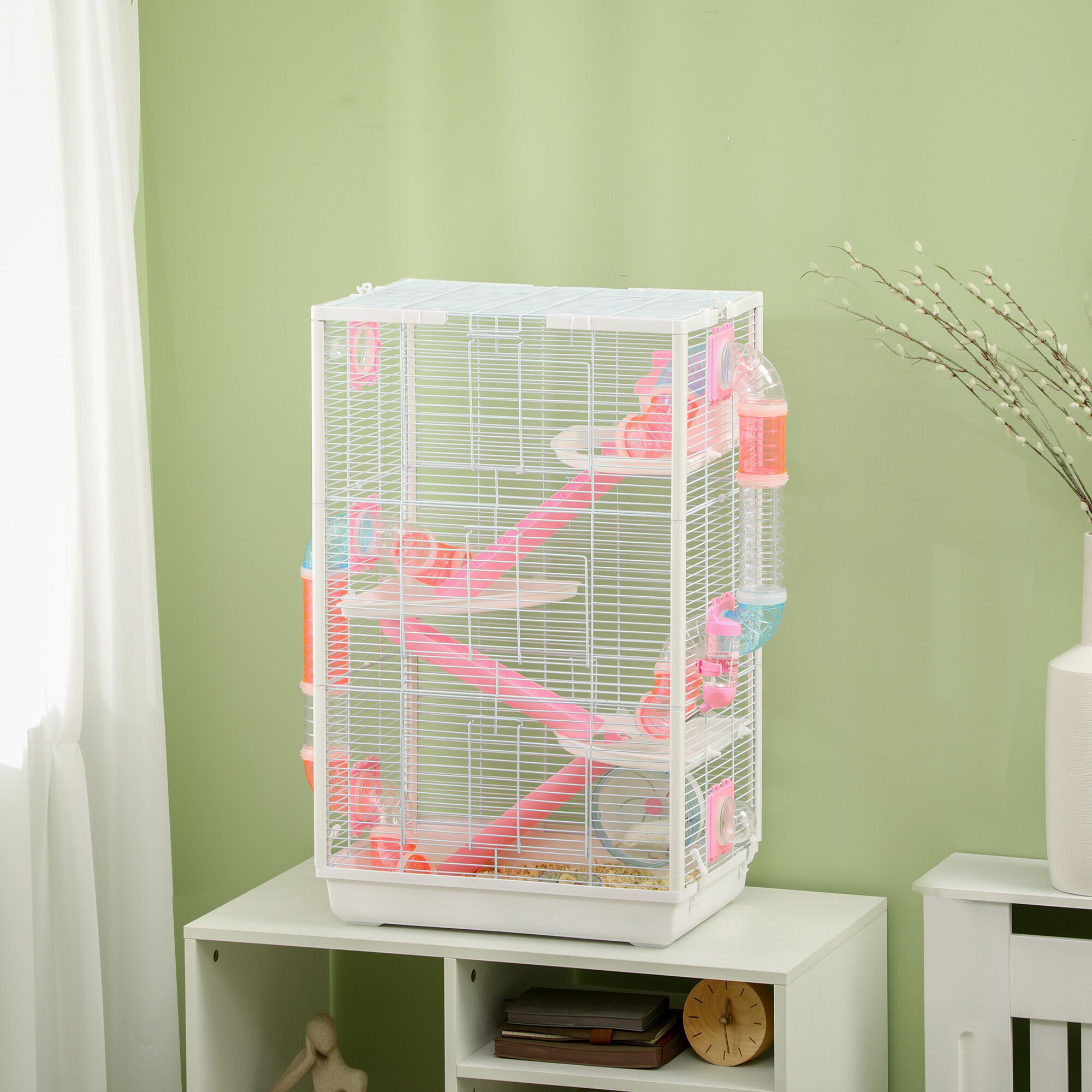 PawHut Jaula para H&aacute;mster con T&uacute;nel Casa para Animales Peque&ntilde;os 47x29,5x76 cm con 3 Puertas Plataformas Bandeja Cuenco Bebedero Casita 3 Rampas y Rueda de Ejercicio Blanco, , large Imagen numero 2