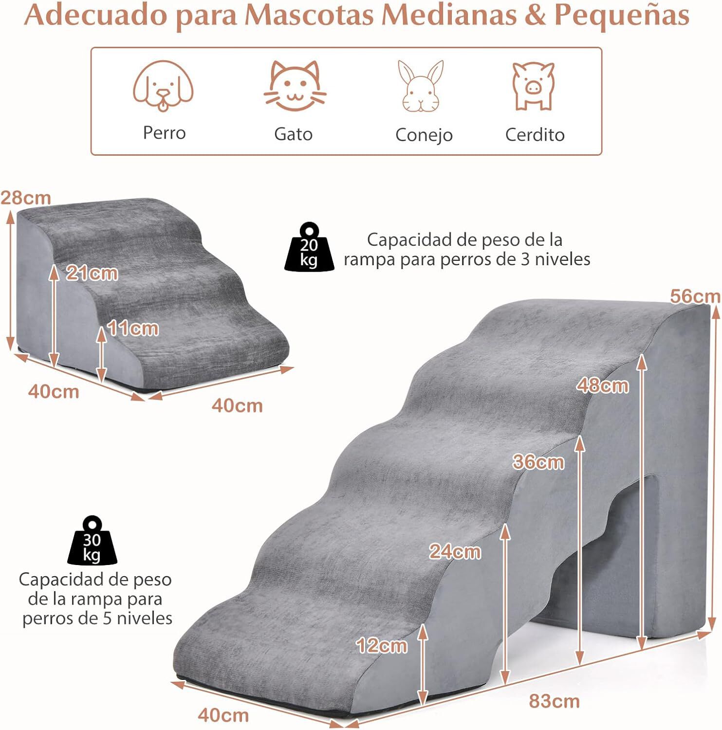 COSTWAY Rampa para Perros de Espuma de 5 Niveles, 56 cm Escalera para Mascotas Extra&iacute;ble y Lavable, Escalones para Perros de Espuma, 2 Rampas para Subir Mascotas (gris), , large Imagen numero 5