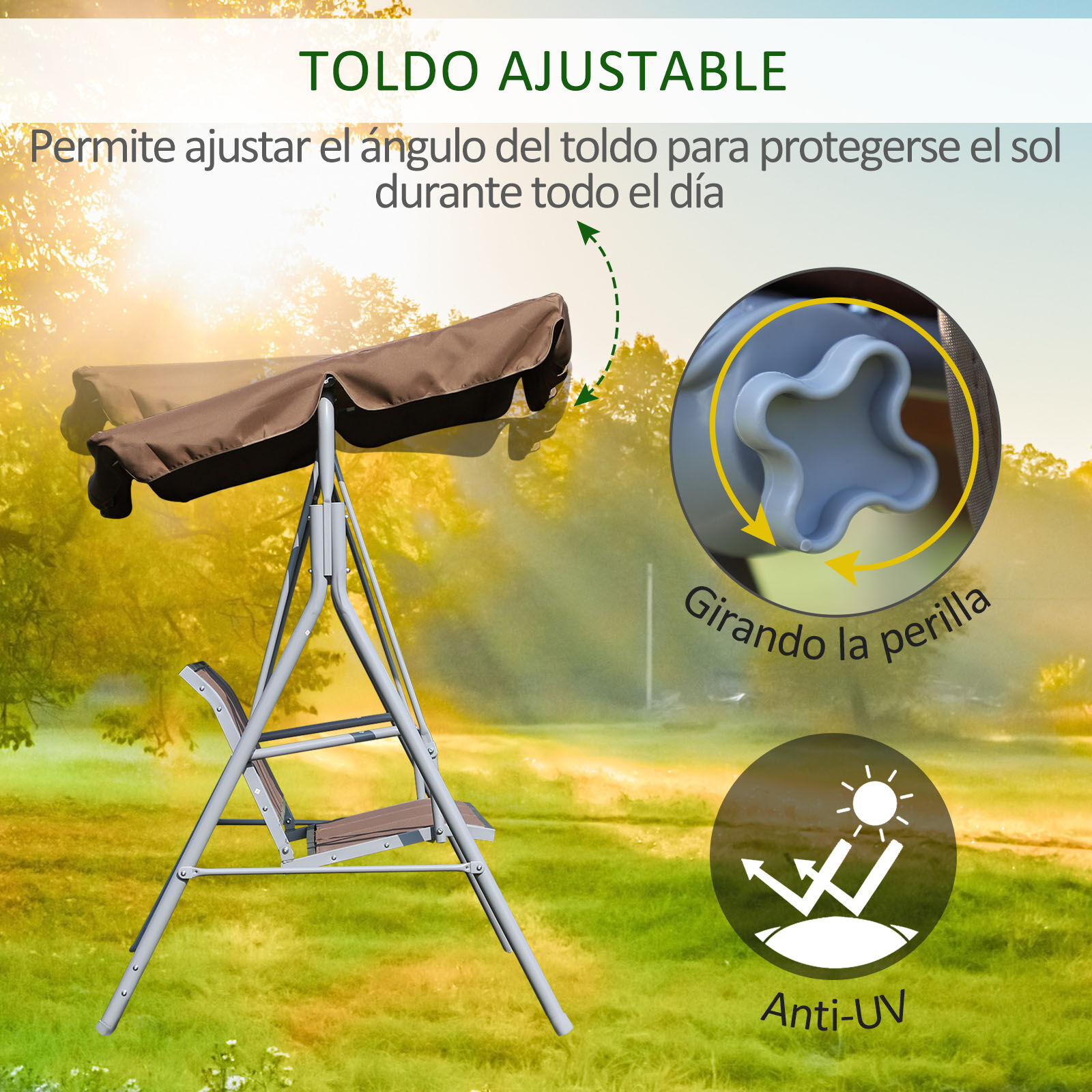 Outsunny Balanc&iacute;n Jard&iacute;n Exterior Columpio Exterior de 3 Plazas con Toldo Ajustable Respaldo Transpirable y Marco de Metal para Terraza Balc&oacute;n Carga 240 kg 171x108x154 cm Marr&oacute;n, , large Imagen numero 5