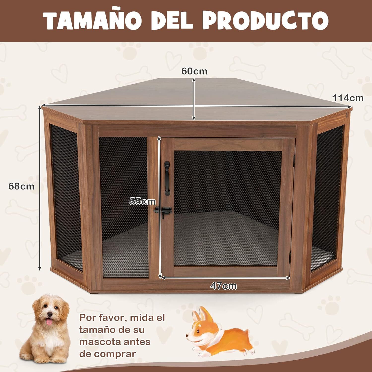 COSTWAY Mueble de Esquina para Mascotas, Casa para Perros con Puerta de Malla y Coj&iacute;n, Jaula para Perros con Estilo de Mueble para Uso Interior, Casa Decorativa para Mascotas para Habitaciones, , large Imagen numero 4