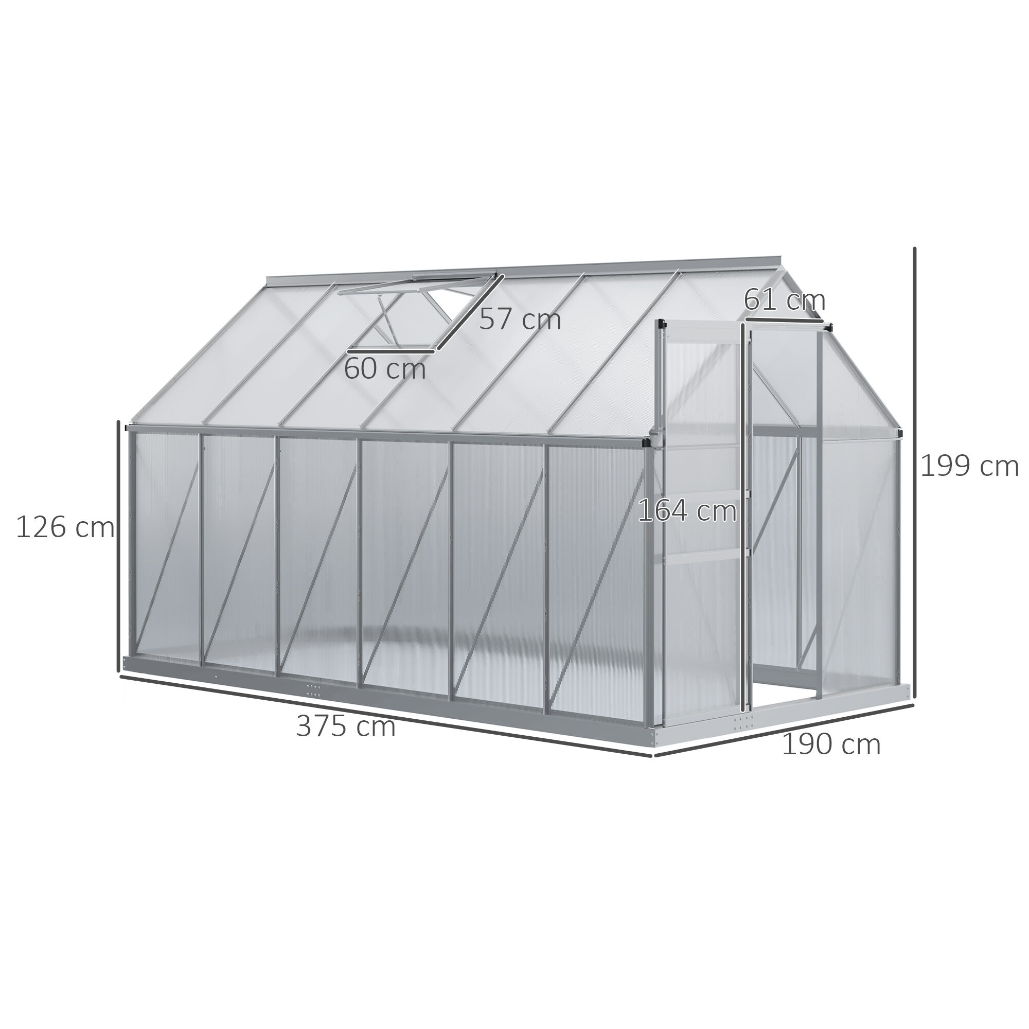 Outsunny Invernadero Policarbonato Aluminio de Jard&iacute;n 190x375x199 cm 7,1m&sup2; Caseta de Exterior con Base Puerta Corredera y 2 Tragaluces para Cultivo Plantas Semillas Transparente, , large Imagen numero 3