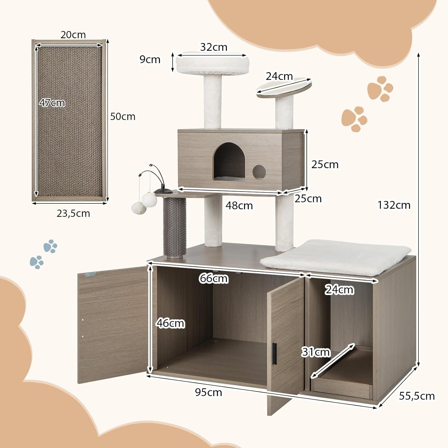 COSTWAY &Aacute;rbol para Gatos con Caja de Arena, Torre para Gatos 2 En 1 con Perca Superior, Tabla para Rascar, Condominios para Gatos, Postes De Sisal, Plataforma, Rampa, Bolas Colgantes (1 Condominio), , large Imagen numero 4