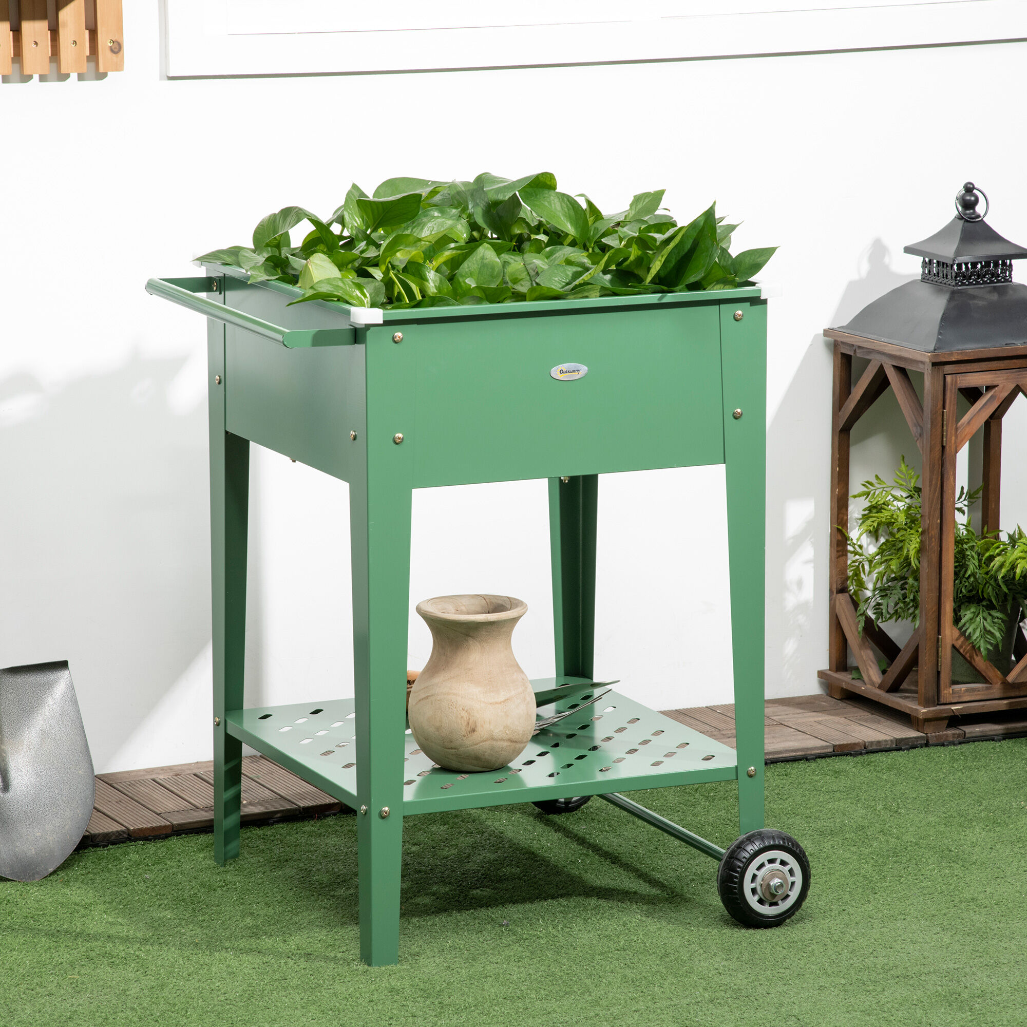 Outsunny Huerto Urbano Elevado con Ruedas Jardinera Exterior de Acero Galvanizado 64x55x79 cm con Estante y Asa Lateral para Cultivo Plantas Flores Verduras Verde, , large Imagen numero 2