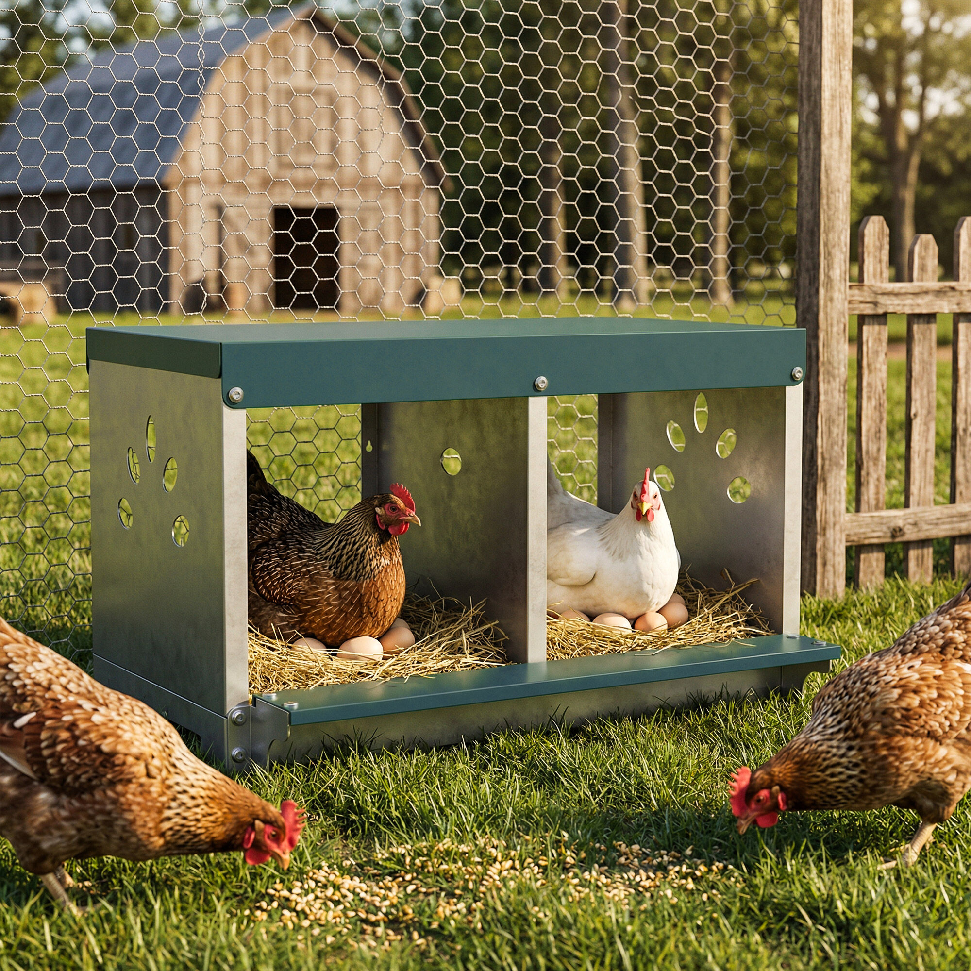 PawHut Ponedero para Gallinas de Acero Galvanizado con 2 Huecos, Caja Nido para 2 Gallinas con Techo Impermeable y Ventilaci&oacute;n, para Recoger los Huevos m&aacute;s Limpios, Plateado y Verde, , large Imagen numero 2