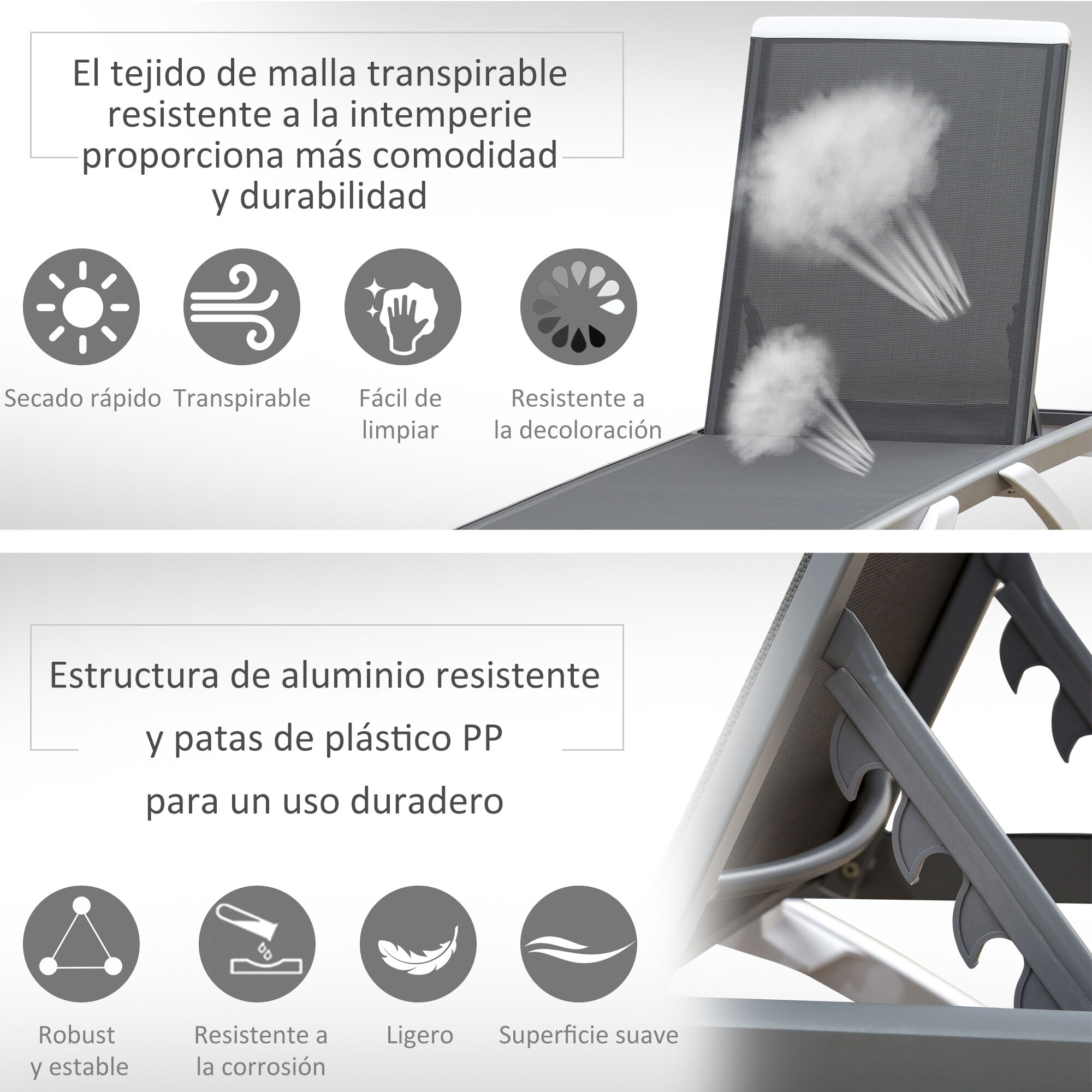 Outsunny Conjunto de 2 Tumbonas Reclinables de Aluminio Tumbonas de Jard&iacute;n con Respaldo Ajustable en 5 Niveles y 2 Ruedas para Terraza Balc&oacute;n Piscina 170x67,5x95 cm Gris y Blanco, , large Imagen numero 5