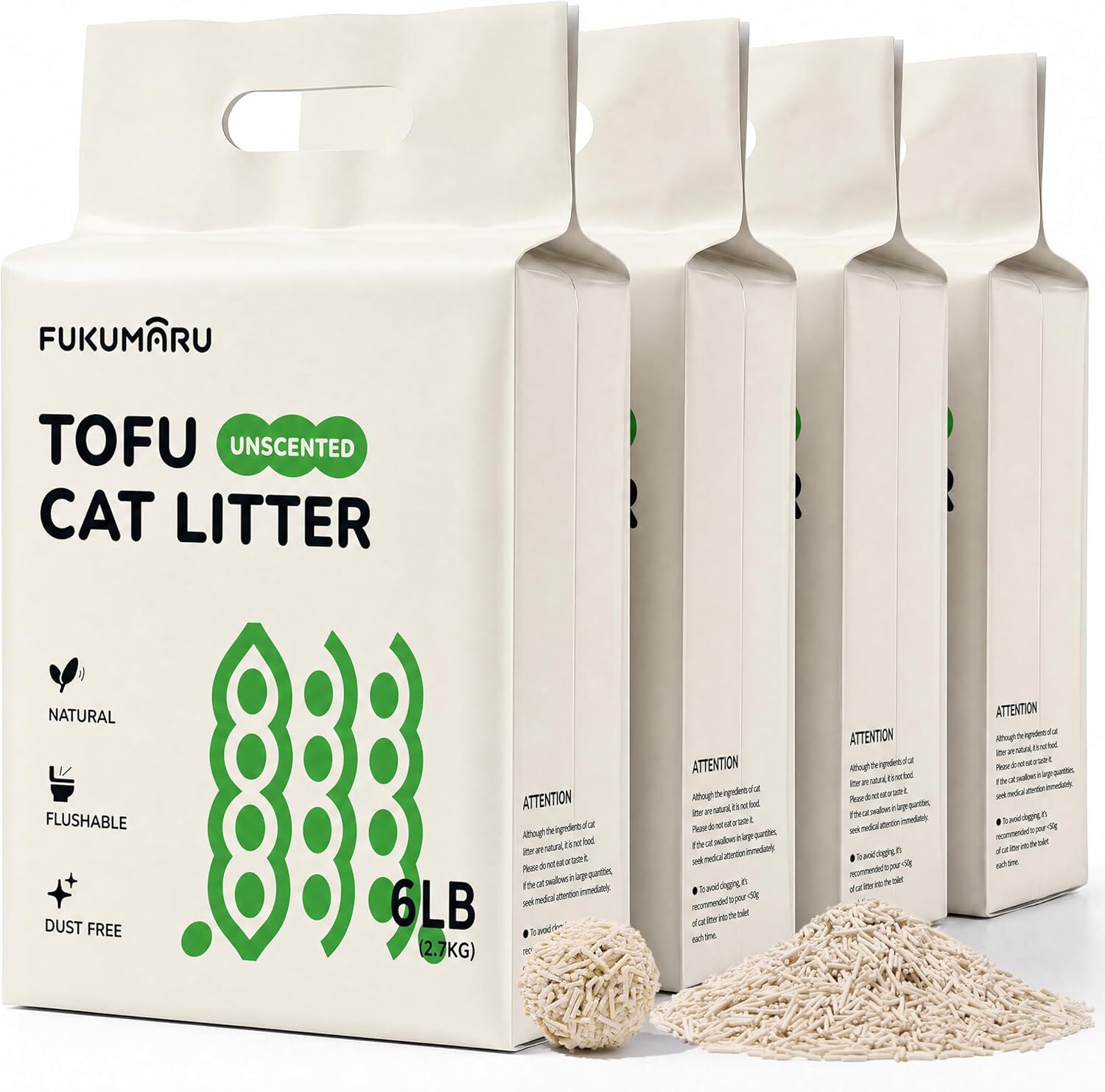 Fukumaru Arena de Tofu para Gatos sin Perfume 2,7 kg &ndash; Aglomerante, Casi sin Polvo y Soluble en Agua - Pack 4 x 2,7 kg (10,8 kg), , large Imagen numero 1