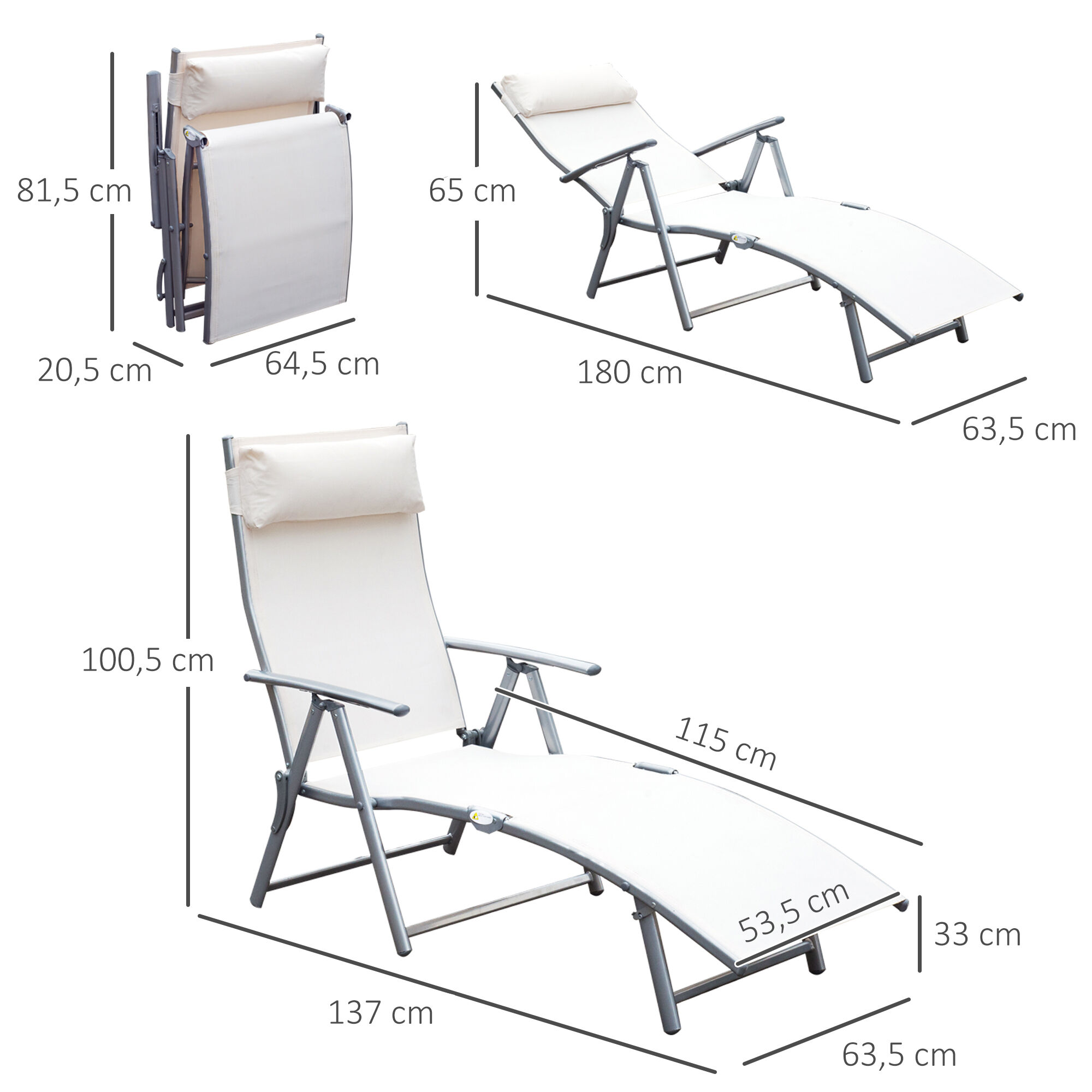 Outsunny Tumbona Plegable Tumbona de Jard&iacute;n con Respaldo Ajustable en 7 Niveles Almohada y Reposabrazos Carga 165 kg para Piscina Terraza Camping 137x63,5x100,5 cm Beige, , large Imagen numero 3