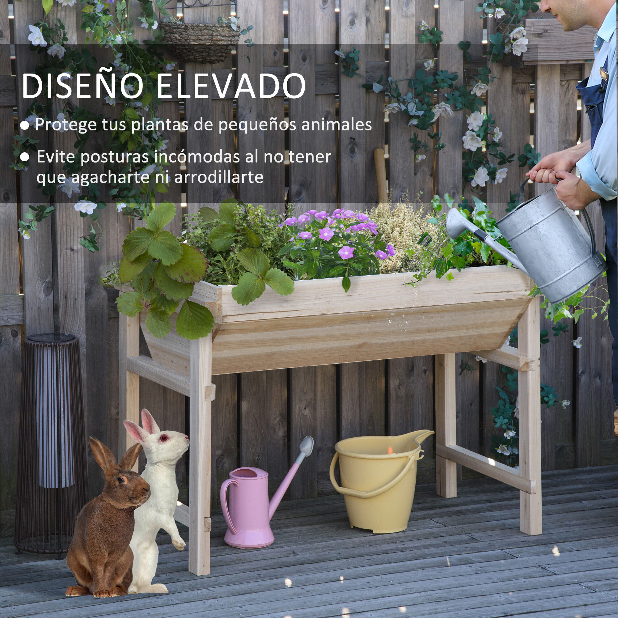 Outsunny Huerto Urbano Elevado de Madera 108,5x60x80 cm Mesa de Cultivo con Tela no Tejida y 3 Orificios de Drenaje para Jard&iacute;n Terraza Exterior Carga 50 kg Natural, , large Imagen numero 5