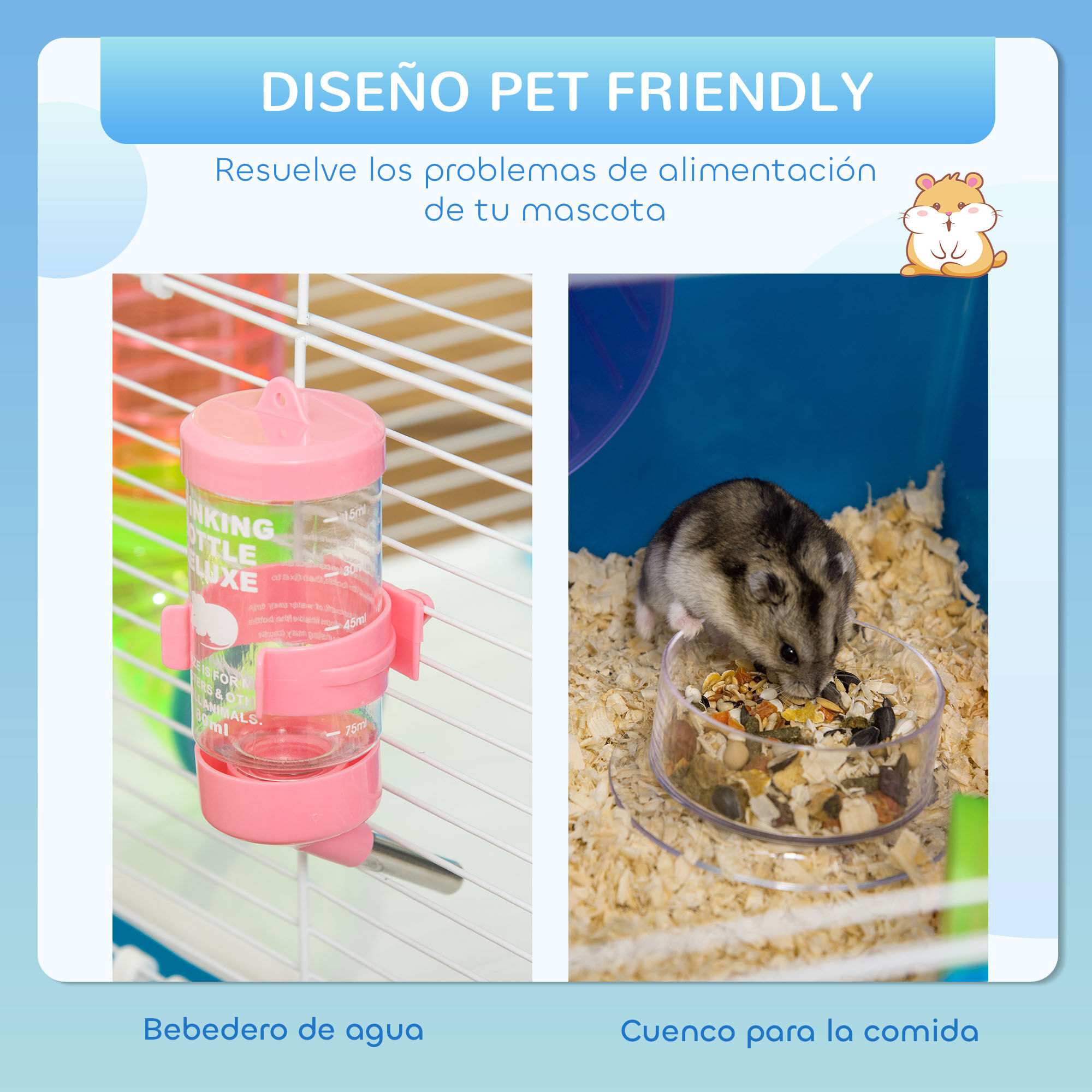 PawHut Jaula para Hámster 59x36x69 cm Casa para Animales Pequeños con Túnel Plataformas Cuenco Bebedero Casita Rampas y Rueda de Ejercicio Azul thumbnail