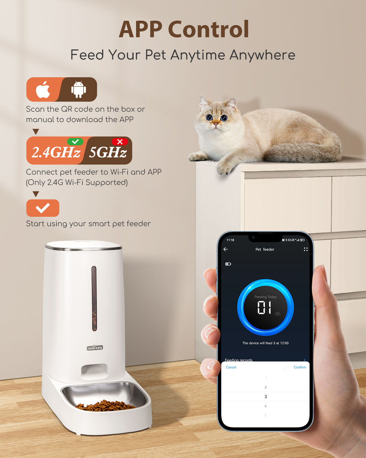 Nobleza - Dispensador Autom&aacute;tico de Comida para Gatos y Perro, 2.4G WiFi 4L Dispensador con Temporizador y Control Remoto de la aplicaci&oacute;n, 10s de grabaci&oacute;n, 1-10 Comidas por D&iacute;a, Blanco, , large Imagen numero 2
