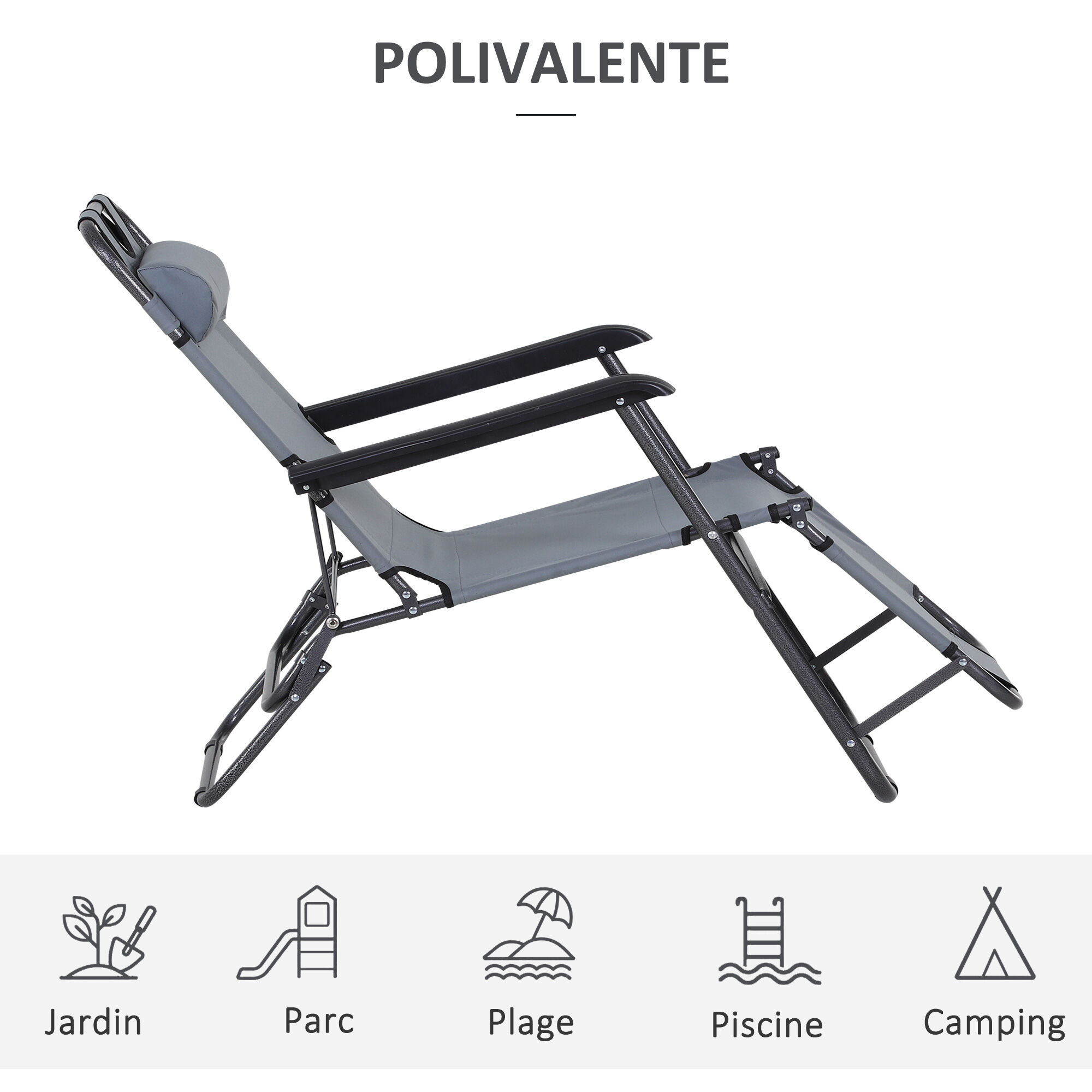 Outsunny Tumbona Reclinable y Plegable Tumbona de Jard&iacute;n con Respaldo Ajustable en 2 Niveles Reposacabezas y Bolsillo Silla Tumbona para Terraza Carga 136 kg 118x60x80 cm Gris, , large Imagen numero 4