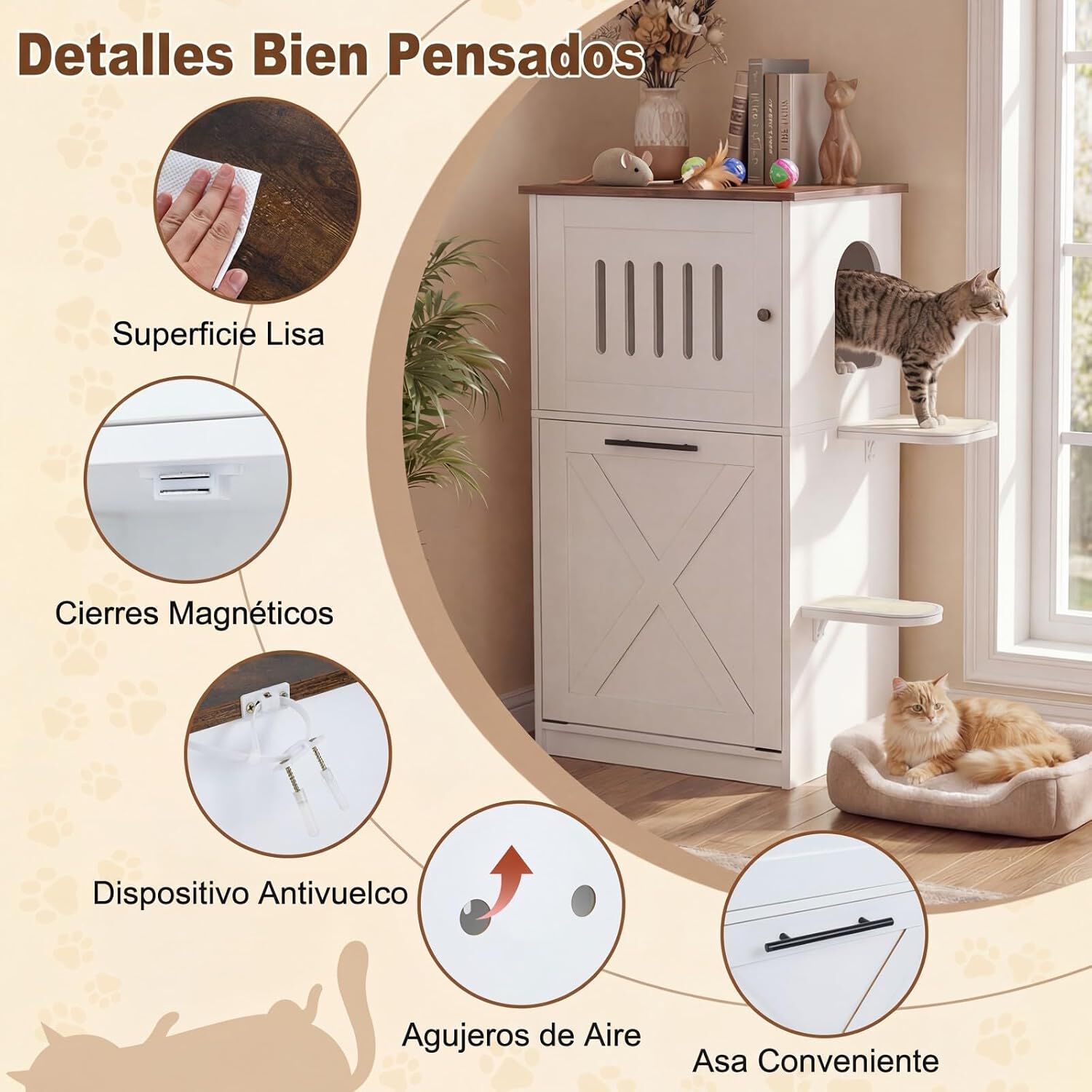 COSTWAY Armario para Caja de Arena para Gatos, Mueble Arenero Gato con Armario Abatible, 2 Plataformas, 2 Almohadillas Rascadoras de Sisal, Ba&ntilde;o Oculto, Casa de Madera para Gatitos de Interior Sal&oacute;n, , large Imagen numero 4