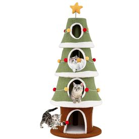 COSTWAY &Aacute;rbol de Navidad para Gatos, 154 cm Torre Gatos Navide&ntilde;o con 4 Condominios, Alfombra de Sisal, Bola Colgante, Estrella, Rascador Gato en Forma de &Aacute;rbol de Navidad, Decoraci&oacute;n Navide&ntilde;a