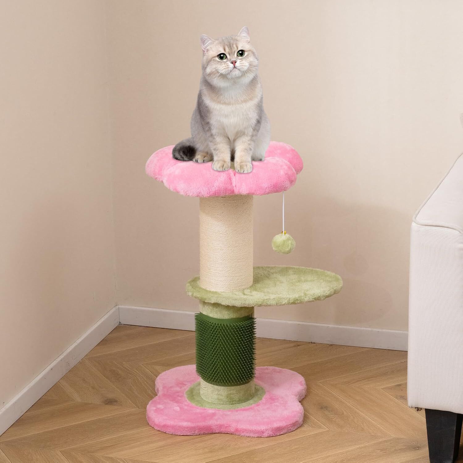COSTWAY &Aacute;rbol Rascador para Gatos 60cm, Dise&ntilde;o Flores, Torre Peque&ntilde;a para Gatitos con Cama Acolchada de Tela Plush, Poste Rascador de Sisal, Bola Colgante, &Aacute;rbol Pequ&ntilde;o para Gatos, Interior (Rosa), , large Imagen numero 2