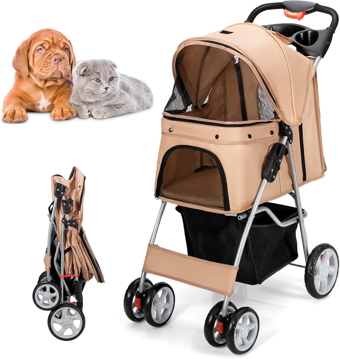 COSTWAY Cochecito para Mascotas Plegable, Cochecito de Mascotas de 4 Ruedas para Gatos/Perros, Carrito para Gatos con Cesta de Almacenamiento para Mascotas, Ventana de Malla, impermeable (Beige), , large Imagen numero 1