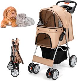 COSTWAY Cochecito Plegable para Mascotas de 4 Ruedas Beige para Gatos y Perros