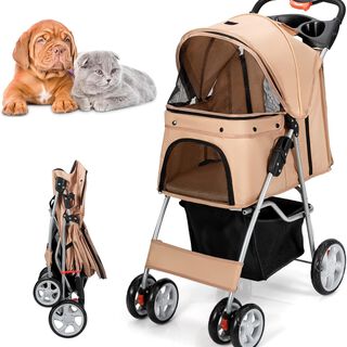 COSTWAY Cochecito Plegable para Mascotas de 4 Ruedas Beige para Gatos y Perros