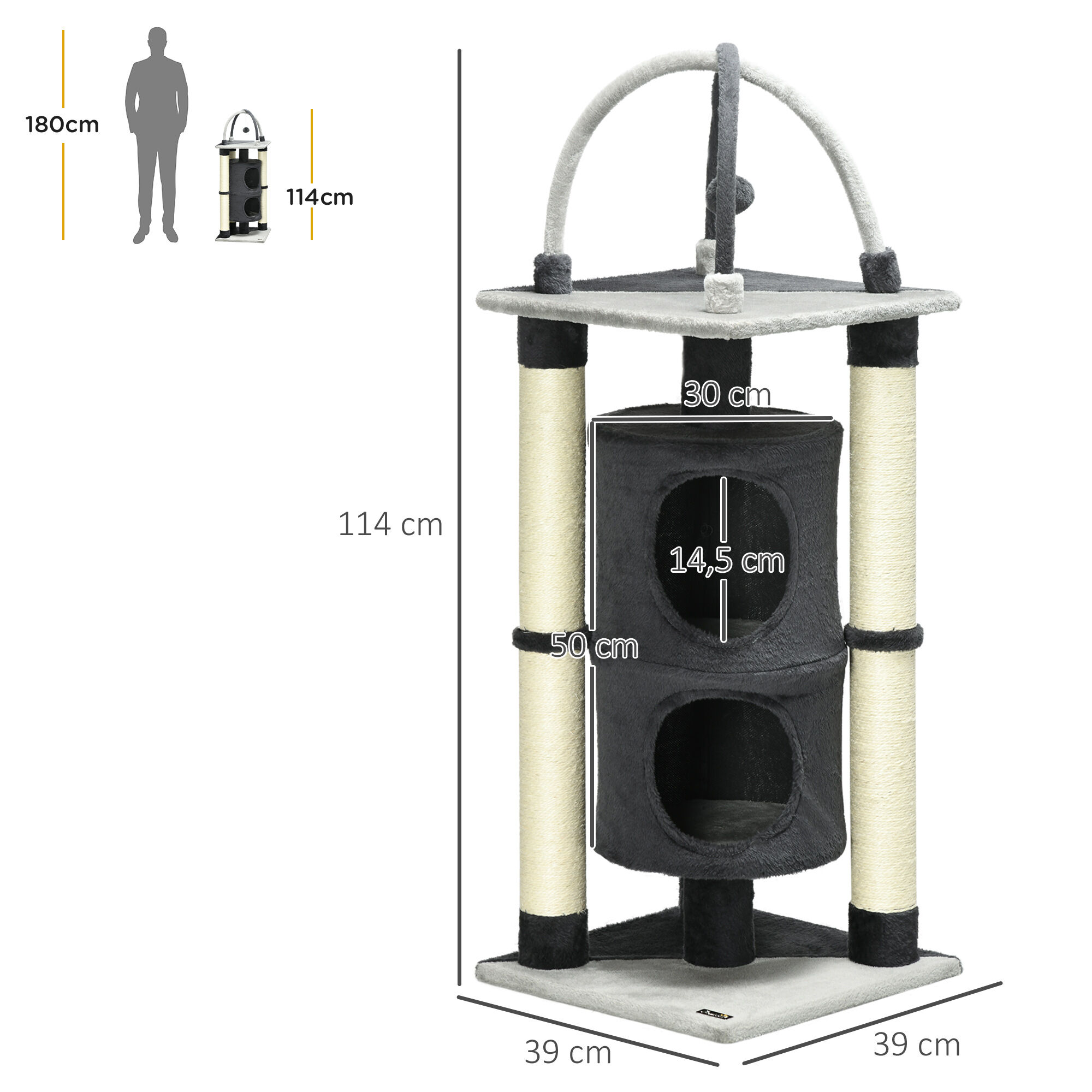 PawHut &Aacute;rbol para Gatos Altura 114 cm Barril Rascador para Gatos de 2 Niveles con Plataforma Postes de Yute y Bola Colgante 39x39x114 cm Gris, , large Imagen numero 3