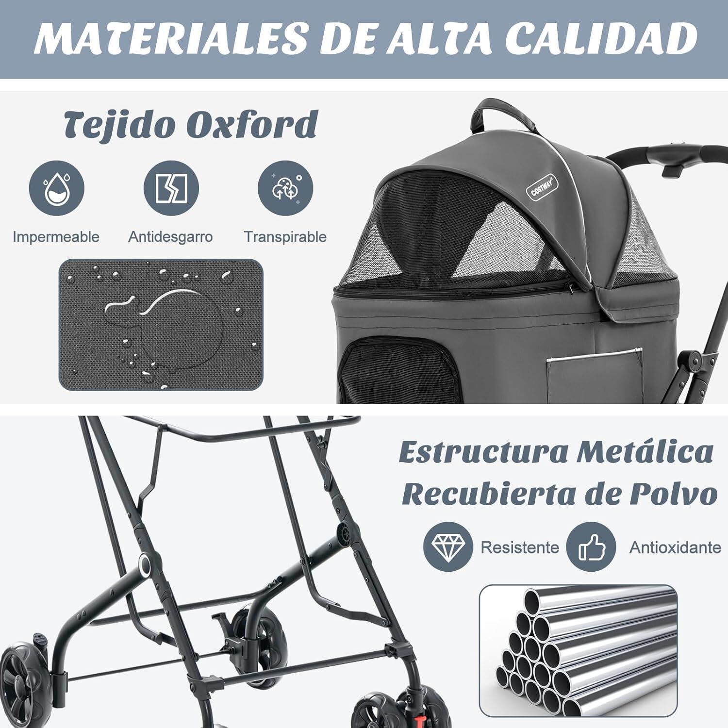 COSTWAY Cochecito para Perros Plegable, 3 en 1 Carrito para 2 Perros o Gatos, con 2 Transportines Desmontables, Cinturón de Seguridad, Cojines Desmontables, Carrito de Viaje para Mascotas (Gris) thumbnail