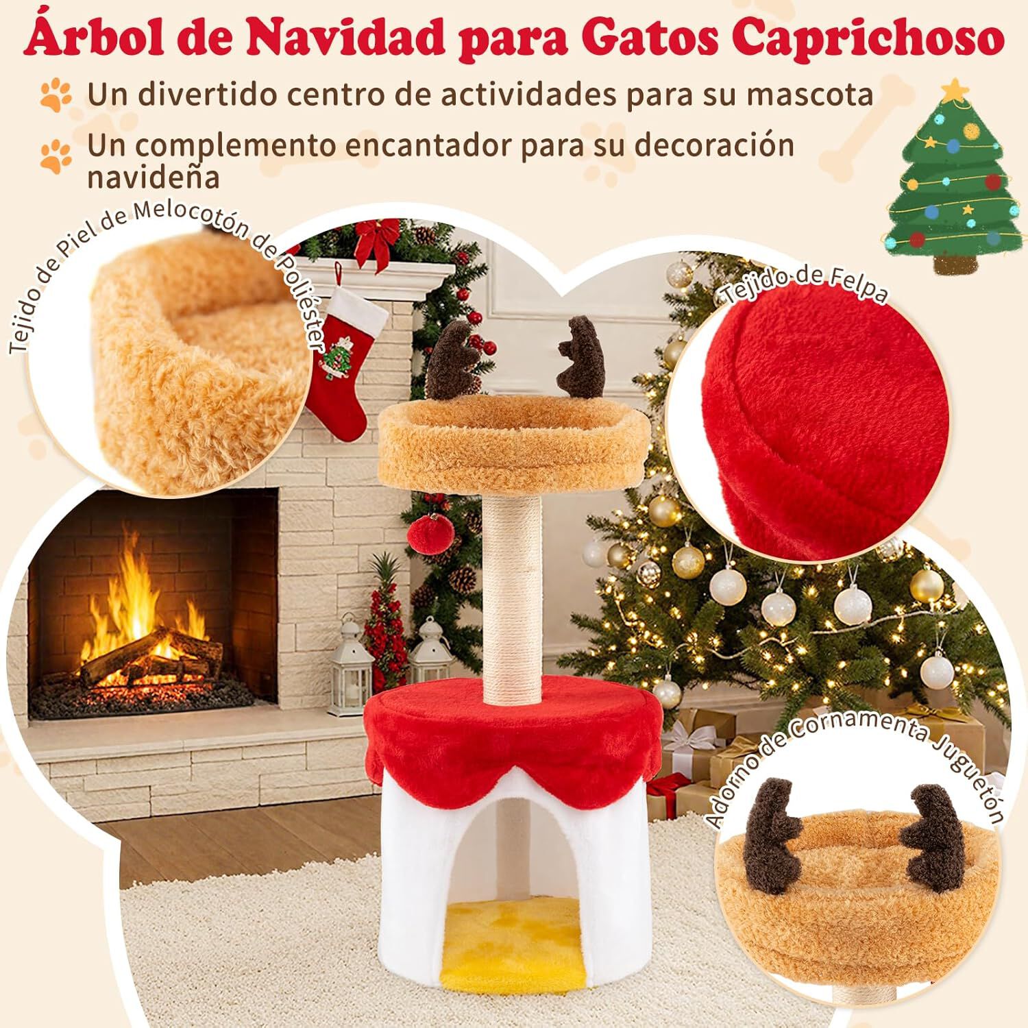 COSTWAY &Aacute;rbol de Navidad para Gatos, 80 cm Torre Gatos Navide&ntilde;o con Rascador de Sisal, Pelota Colgante, Coj&iacute;n Suave, Acolchado Felpa, Rascador Gato en Forma de Reno con Cama para Decoraci&oacute;n Navide&ntilde;a, , large Imagen numero 3