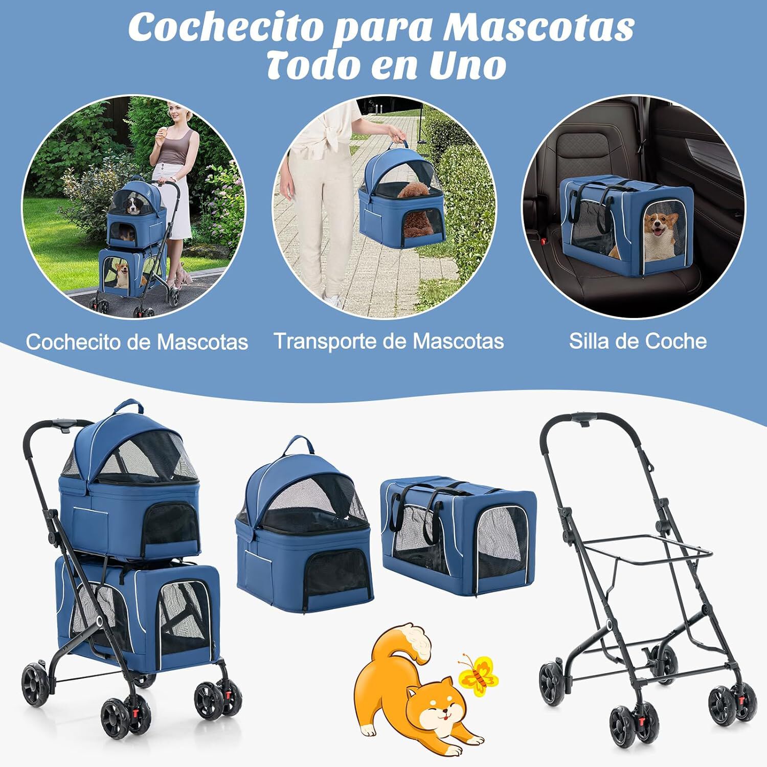 COSTWAY Cochecito para Perros Plegable, 3 en 1 Carrito para 2 Perros o Gatos, con 2 Transportines Desmontables, Cintur&oacute;n de Seguridad, Cojines Desmontables, Carrito de Viaje para Mascotas (Azul), , large Imagen numero 3