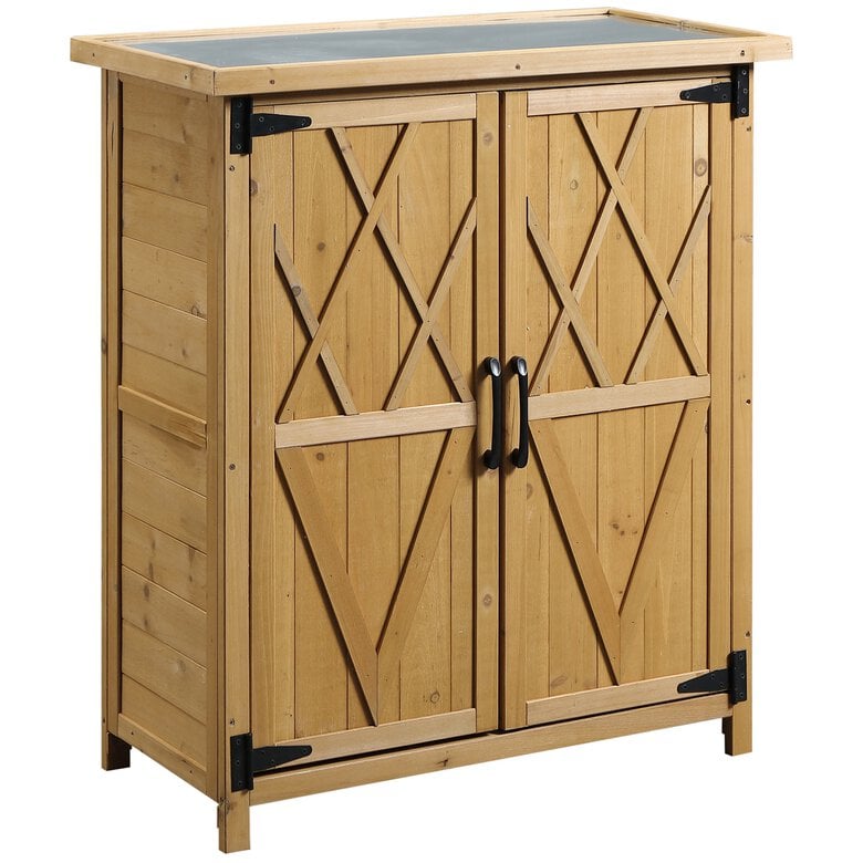 Outsunny Armario de Exterior de Madera 0,24 m² 75x40x90 cm Caseta de Jardín con 2 Puertas 4 Estantes y Techo de Galvanizado para Almacenamiento de Herramientas Natural