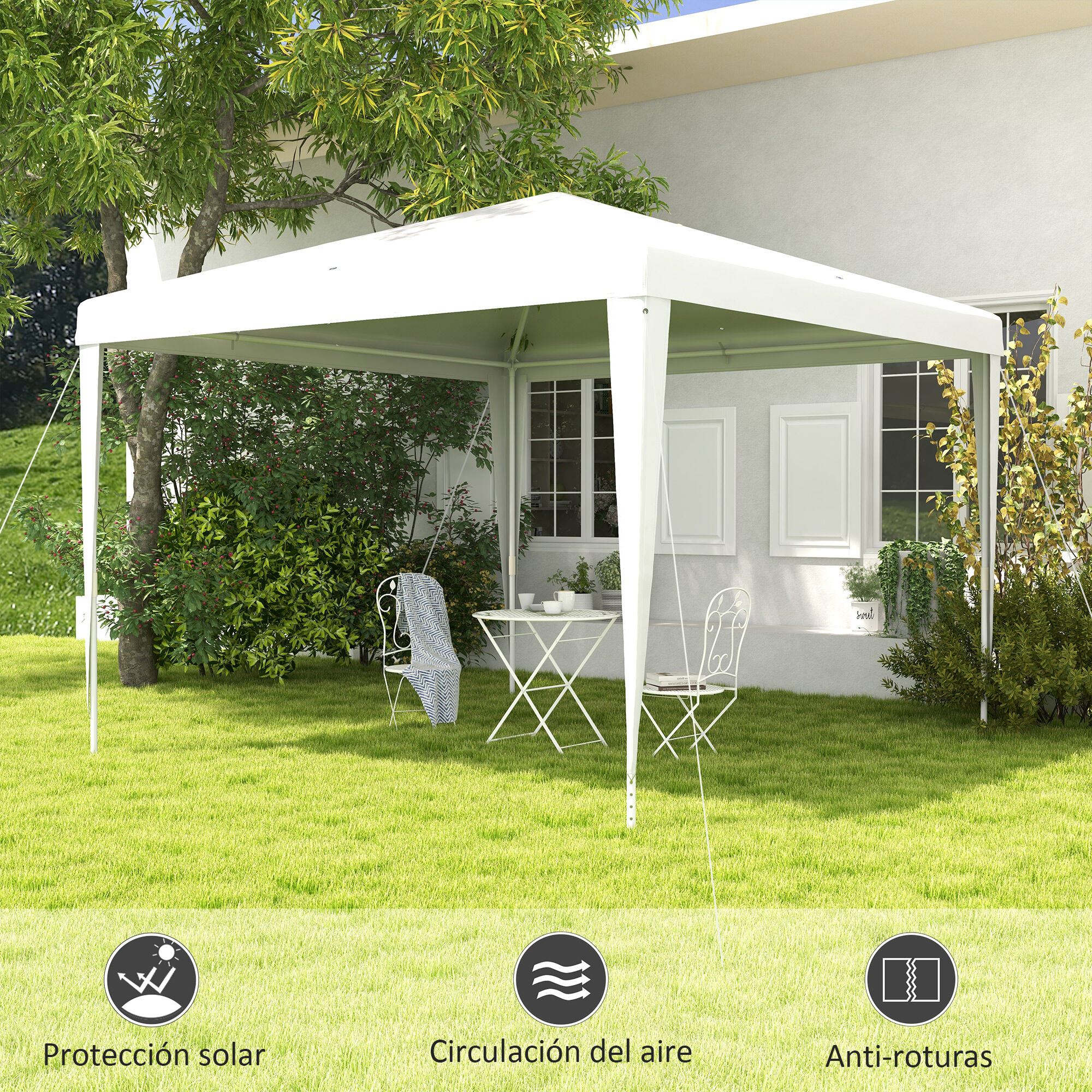 Outsunny Carpa Desmontable 3x3 m Cenador Pabell&oacute;n de Jard&iacute;n con 4 Orificios de Drenaje y Marco de Acero Gazebo para Terraza Patio Exterior Camping Blanco, , large Imagen numero 4
